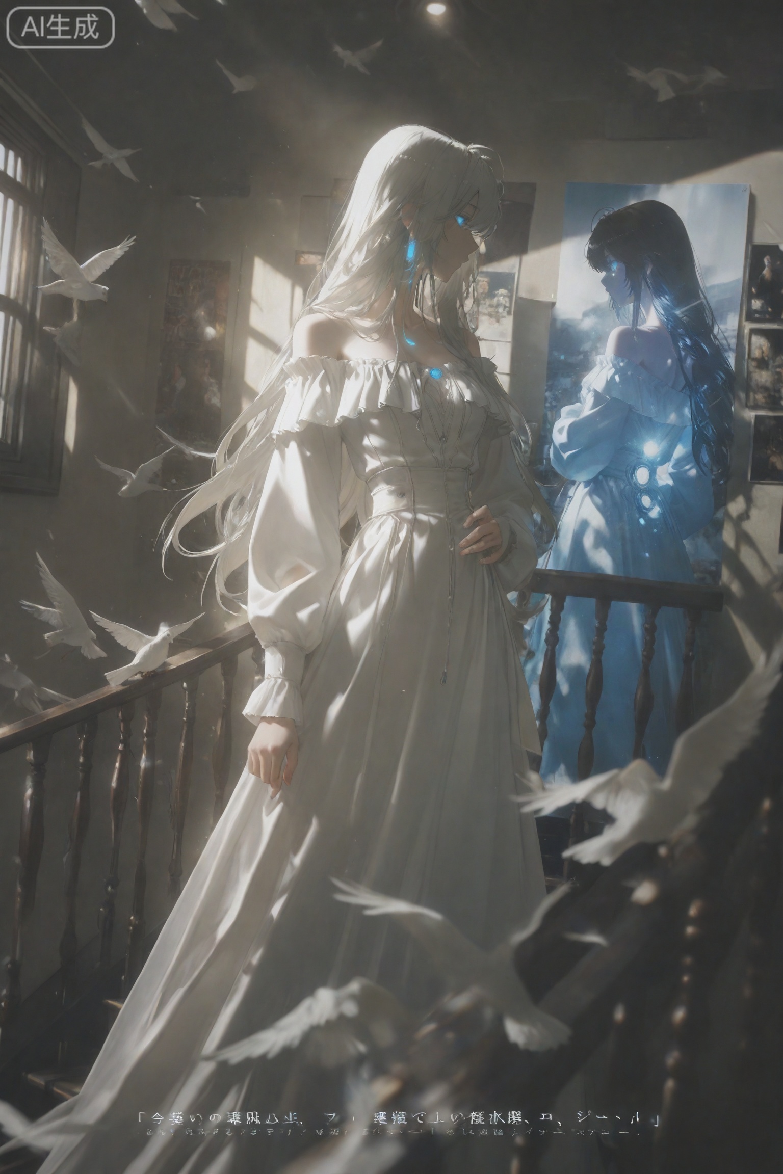 1girl,dress,long hair,solo,white dress,off-shoulder dress,window,indoors,bare shoulders,bird,off shoulder,long sleeves,profile,blurry,standing,blurry foreground,depth of field,bangs,day,stairs, extreme aesthetic,(quasarcake:0.7),masterpiece,best quality,good quality,newest,year 2024,year 2023,very aesthetic,absurdres, A shot with tension,(Visual impact,giving the poster a dynamic and visually striking appearance:1.2),impactful picture,offcial art,colorful,splash of color,movie perspective,advertising style,magazine cover, insanely interplay between lights and shadows,(ray tracing),sunlight,reflective,masterful details,intricate details,soothing tones,high contrast,natural skin texture,soft light,sharp, ultra-high resolution,32K UHD,sharp focus,best-quality,masterpiece,Emotionalization,unconventional supreme masterpiece,masterful details,temperate atmosphere,with a high-end texture,in the style of fashion photography, (glowing:1.2),depth of field,blurry background,cast shadow,black theme,dutch angle,photo background,3d background,hyperrealism background,