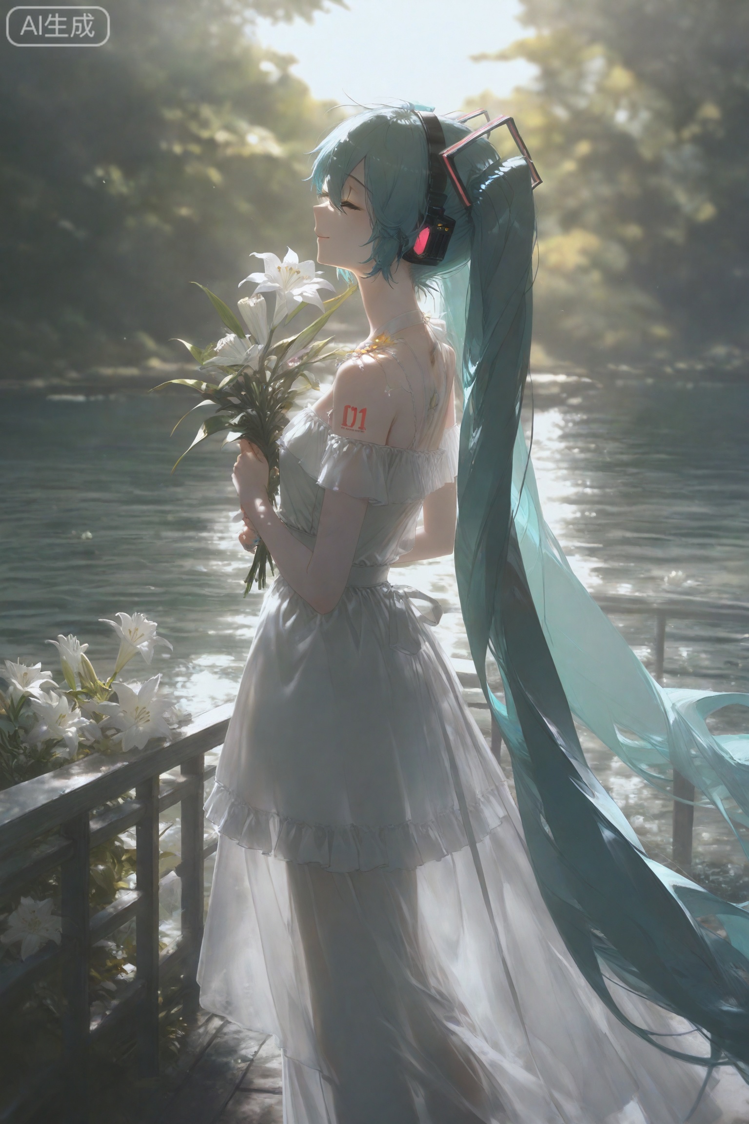 1girl,long hair,hatsune miku,dress,solo,flower,white dress,holding,very long hair,white flower,closed eyes,twintails,bouquet,holding bouquet,headset,aqua hair,bare shoulders,off-shoulder dress,holding flower,water,outdoors,tattoo,hair ornament,standing,off shoulder,closed mouth,day,from behind,profile,bangs,frilled dress,frills,number tattoo,sunlight,blurry,shoulder tattoo,headphones,ribbon,feet out of frame,leaf,railing,lily (flower),sleeveless,from side,hair between eyes,backlighting,smile,long dress,plant, //,depth of field,(artist:quasarcake:0.8),extreme aesthetic,(wlop:0.6),wanke,rella,masterpiece,best quality,newest,very aesthetic,absurdres,best quality,masterpiece,(Visual impact:1.2),impactful picture,splash of color,movie perspective,masterpiece,best quality,amazing quality,very aesthetic,absurdres,best quality,(artist:quasarcake:0.8),very aesthetic,masterpiece,Emotionalization masterpiece,unconventional supreme,masterful details,