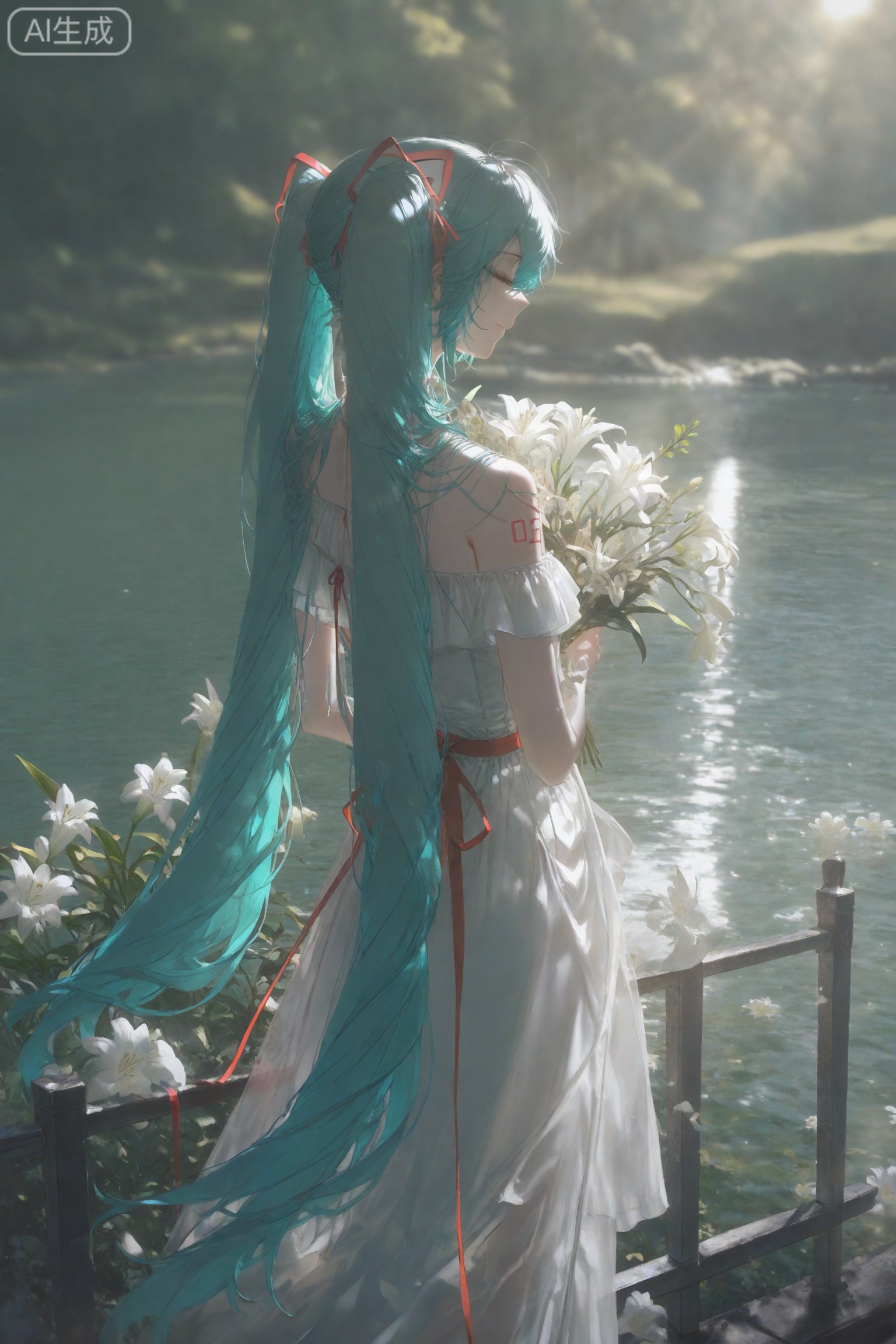 1girl,long hair,dress,solo,flower,white dress,holding,very long hair,white flower,closed eyes,twintails,bouquet,holding bouquet,aqua hair,bare shoulders,off-shoulder dress,holding flower,water,outdoors,hair ornament,standing,off shoulder,closed mouth,day,from behind,profile,bangs,frilled dress,frills,number tattoo,sunlight,blurry,red ribbon,feet out of frame,leaf,railing,lily (flower),sleeveless,from side,hair between eyes,backlighting,smile,long dress,plant, //,depth of field,(artist:quasarcake:0.8),extreme aesthetic,(wlop:0.6),wanke,rella,masterpiece,best quality,newest,very aesthetic,absurdres,best quality,masterpiece,(Visual impact:1.2),impactful picture,splash of color,movie perspective,masterpiece,best quality,amazing quality,very aesthetic,absurdres,best quality,(artist:quasarcake:0.8),very aesthetic,masterpiece,Emotionalization masterpiece,unconventional supreme,masterful details,
