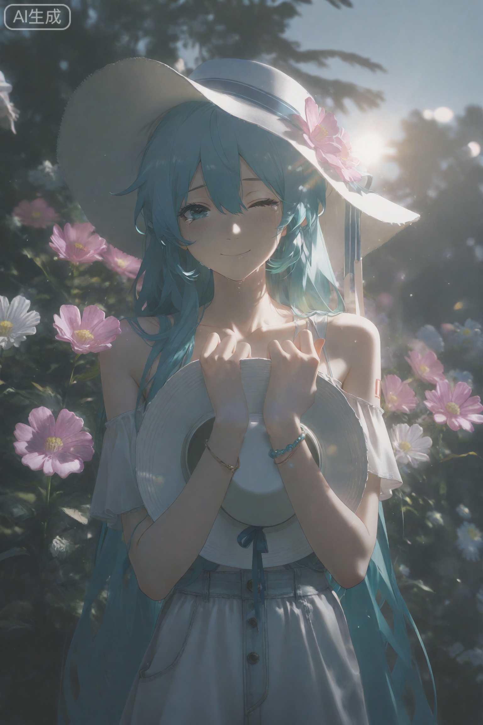Girl, Hatsune Miku, hugging, flower, long hair, solo, white clothes, hanging tail, hat, dress, facing the audience, eyes closed, white flowers, sunshine, unwrapped headdress, leaves, smile, upper body, pink flowers, blur, holding clothes, closed mouth, holding hat, unwrapped hat, collarbone, sun hat, side light, raise hands, marking sunshine, crying, light particles, outdoor, tears, exposed shoulders, shoulder stripping, blur background, backlight, plants, eyelashes, shoulder stripping Dress, watermark, depth of field, one eye is covered, very long hair, shadow, side of the arm, light smile, blue hair, watery yellow hair, bracelet, sky, light, ruffles, //,//, //, (denjeans shot: 0.9), float, expressionless, backlight, flash black, flash noise, denim shot, blue and white theme, depth of field, cinematic lighting, light particles, lens flare, ultimate aesthetics, masterpiece, latest, visual impact, tension lens, 32K UHD, clear focus, emotional, exquisite details, moderate atmosphere, high-end texture, (visual impact: 1.2), gives the poster a dynamic and visually striking appearance, strong picture impact, rich colors, color splashing ink, movie perspective, latest, sfsk, slxy, qxsy, depth of field, detail light, blur background, best shadow, shining skin, movie lighting, ray tracing, absurd, HDR,