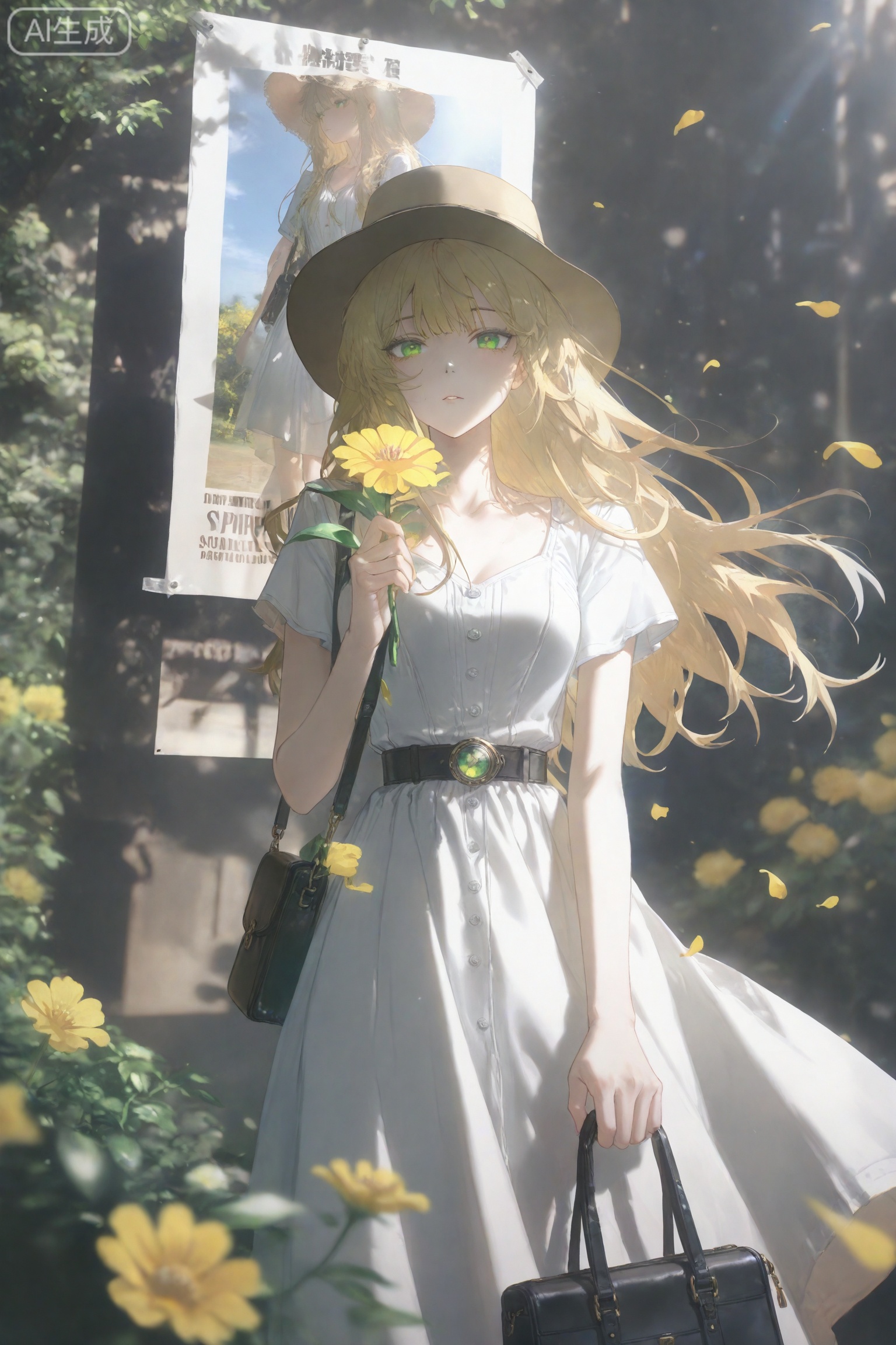 1girl,solo,long hair,green eyes,dress,outdoors,holding,white dress,hat,blonde hair,short sleeves,looking at viewer,bag,bangs,day,flower,belt,brown headwear,petals,blurry,standing,holding bag,blurry foreground,closed mouth,handbag,parted lips,yellow flower,tree, extreme aesthetic,(quasarcake:0.7),masterpiece,best quality,good quality,newest,year 2024,year 2023,very aesthetic,absurdres, A shot with tension,(Visual impact,giving the poster a dynamic and visually striking appearance:1.2),impactful picture,offcial art,colorful,splash of color,movie perspective, insanely interplay between lights and shadows,(ray tracing),sunlight,reflective,masterful details,intricate details,soothing tones,high contrast,natural skin texture,soft light,sharp, ultra-high resolution,32K UHD,sharp focus,best-quality,masterpiece,Emotionalization,unconventional supreme masterpiece,masterful details,temperate atmosphere,with a high-end texture,in the style of fashion photography, (glowing:1.2),depth of field,blurry background,cast shadow,black theme