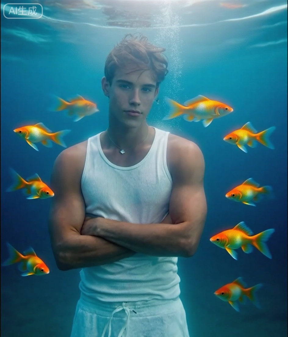 Convert the image into an underwater group photo effect