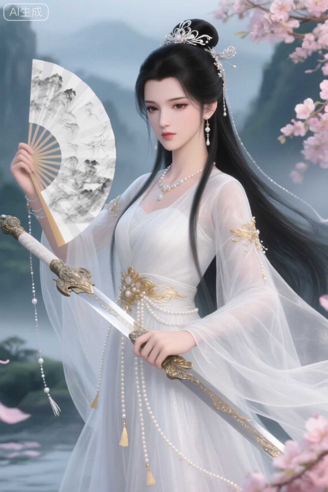 在仙侠古风的宁静场景中,古风女子,乌黑长发,精致发饰,手持绘有图案的白色纸扇,另持华丽宝剑,身着飘逸白色纱裙,裙上金色装饰,珍珠流苏,项链耳环,背景有朦胧山水、粉色花朵,仙侠风格,唯美,灵动,古典韵味