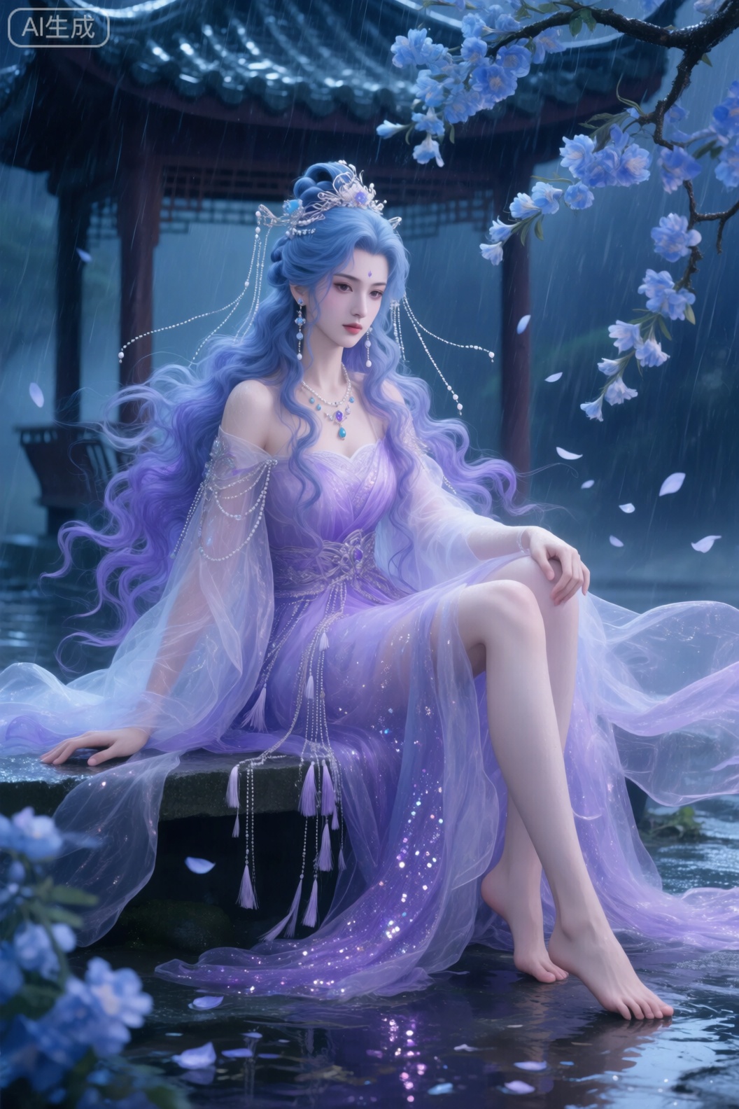 在仙侠古风的梦幻场景里,一位女子成为核心。她有着蓝紫色大波浪长发,发髻配珠翠流苏头饰,长链坠饰耳饰与精致宝石项链装点。身着淡紫色半透明飘逸薄纱裙,裙上饰流苏、亮片,赤脚而坐。身处中式亭子雨夜环境,蓝色花朵垂落枝头,花瓣飘落,地面水渍反光。整体以蓝紫为主调,光影柔和朦胧,发丝、服饰纹理精致,营造出空灵唯美意境,可用于生成这类具仙侠古风、梦幻氛围与精致细节的图像,传递出诗意清冷的美感。
