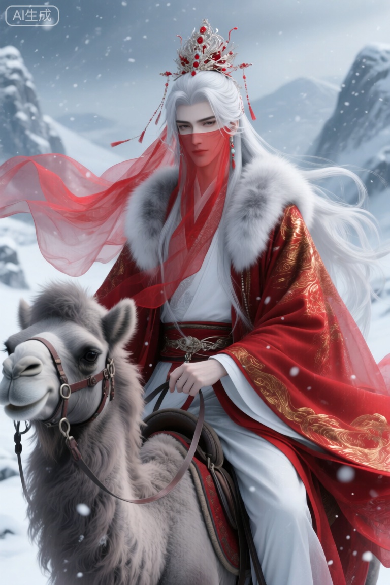 3D游戏角色, 在飘雪的仙侠古风世界里,一位白发飘逸的古风人物成为画面核心。他头戴饰有红色装饰与珠宝的华丽发冠,面覆轻薄红纱,红纱随风飘动。身着红底金纹、带毛领装饰的外袍,搭配白色内搭与精致腰带,尽显服饰纹理精致。他骑在毛发蓬松、佩戴缰绳鞍具的灰色骆驼上,背景是山峦覆雪的雪景,天空呈现灰蓝调,营造出清冷孤寂氛围,色彩对比鲜明,可用于生成这类具仙侠古风、精致细腻且氛围独特的图像,传递出仙侠世界的清冷与绝美。
