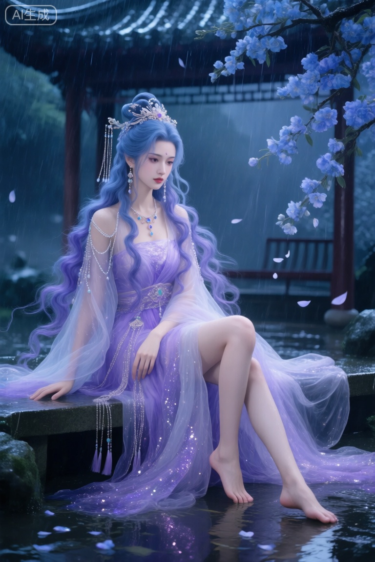 在仙侠古风的梦幻场景里,一位女子成为核心。她有着蓝紫色大波浪长发,发髻配珠翠流苏头饰,长链坠饰耳饰与精致宝石项链装点。身着淡紫色半透明飘逸薄纱裙,裙上饰流苏、亮片,赤脚而坐。身处中式亭子雨夜环境,蓝色花朵垂落枝头,花瓣飘落,地面水渍反光。整体以蓝紫为主调,光影柔和朦胧,发丝、服饰纹理精致,营造出空灵唯美意境,可用于生成这类具仙侠古风、梦幻氛围与精致细节的图像,传递出诗意清冷的美感。