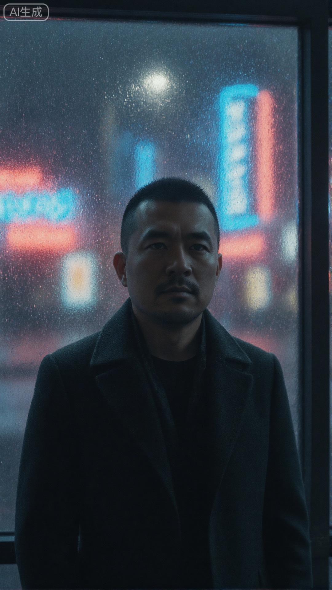 nsjs,
A man with a buzz cut was wearing a dark lapel coat with a black top. He stood in front of the window on a rainy night, and the neon lights outside the window (blue, red and other colors intertwined) were stained with hazy and psychedelic spots through the glass covered with rain marks. The cool light hit him, making the overall atmosphere look cold and full of the unique sense of alienation at the urban night, as if it is isolated from the noisy but hazy rainy night outside the window, leaving only the interweaving of neon lights and rain in front of him.