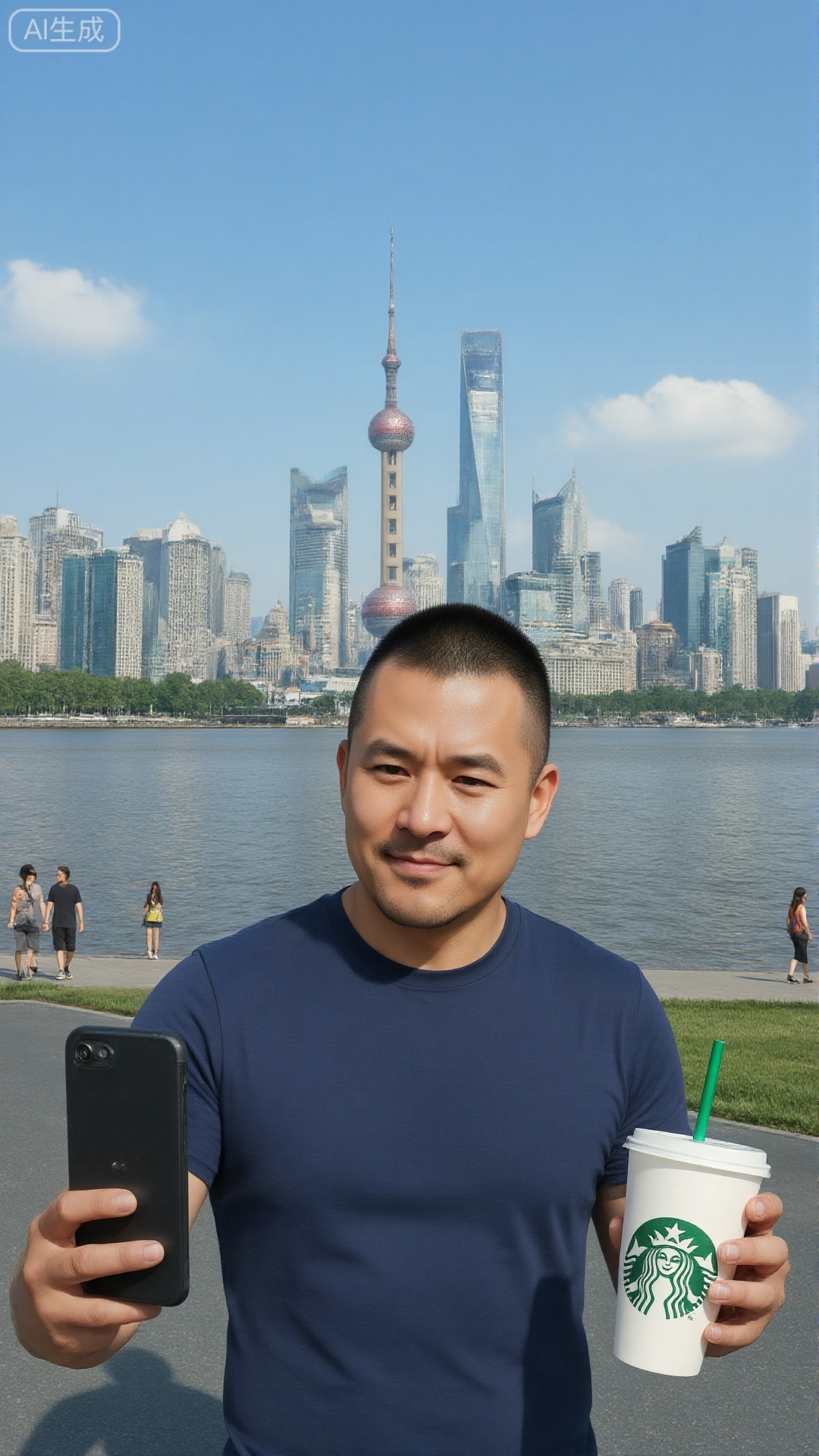 nsjs, a man with a neat buzz cut and wearing a dark blue short-sleeved T-shirt that fits the body. He is taking a selfie with his right hand holding a black smartphone and a Starbucks paper cup with a green straw in his left hand. He smiled gently. He was on the Bund of Shanghai, with a cityscape in clear weather in the background: the water surface of the Huangpu River is sparkling, and skyscrapers such as the Oriental Pearl Tower and the Shanghai Central Building on the other side are lined up one after another. Pedestrians are leisurely on the riverside trail. A few white clouds are floating in the clear blue sky. The bright sunlight is shining, and the overall atmosphere is full of vitality and urban atmosphere.
