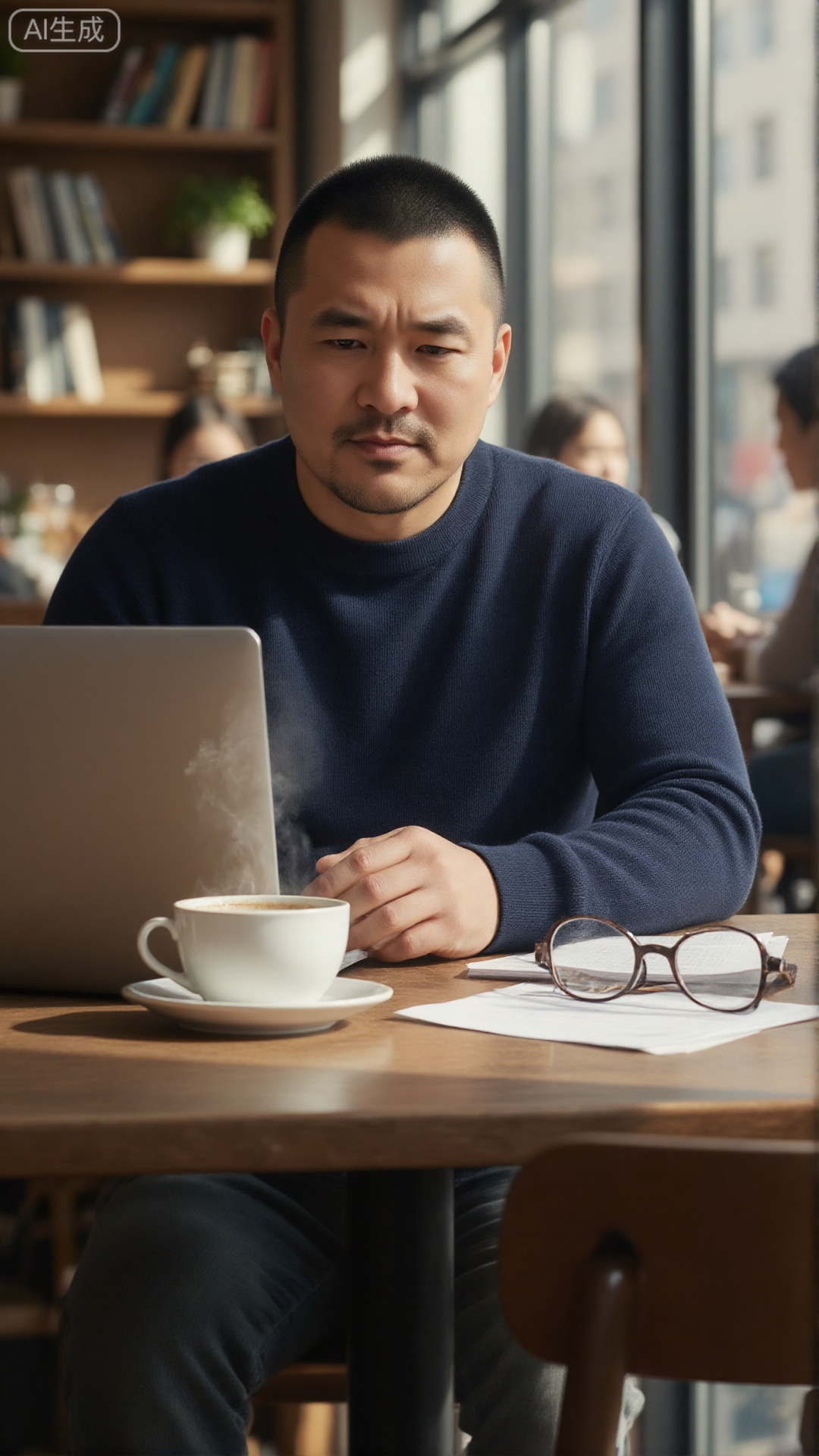 nsjs,A man with a crew cut, wearing a dark blue sweater, is sitting in a sunlit cafe and focusing on using a silver laptop. Beside him, a white coffee cup (with a saucer, still steaming), a pair of glasses, and several sheets of paper are placed at will; in the background, a wooden bookshelf with books and green plants stands quietly, and other customers are active in the distance. Warm light falls on the table through the large window, and the whole scene is brimming with a focused and cozy life atmosphere.