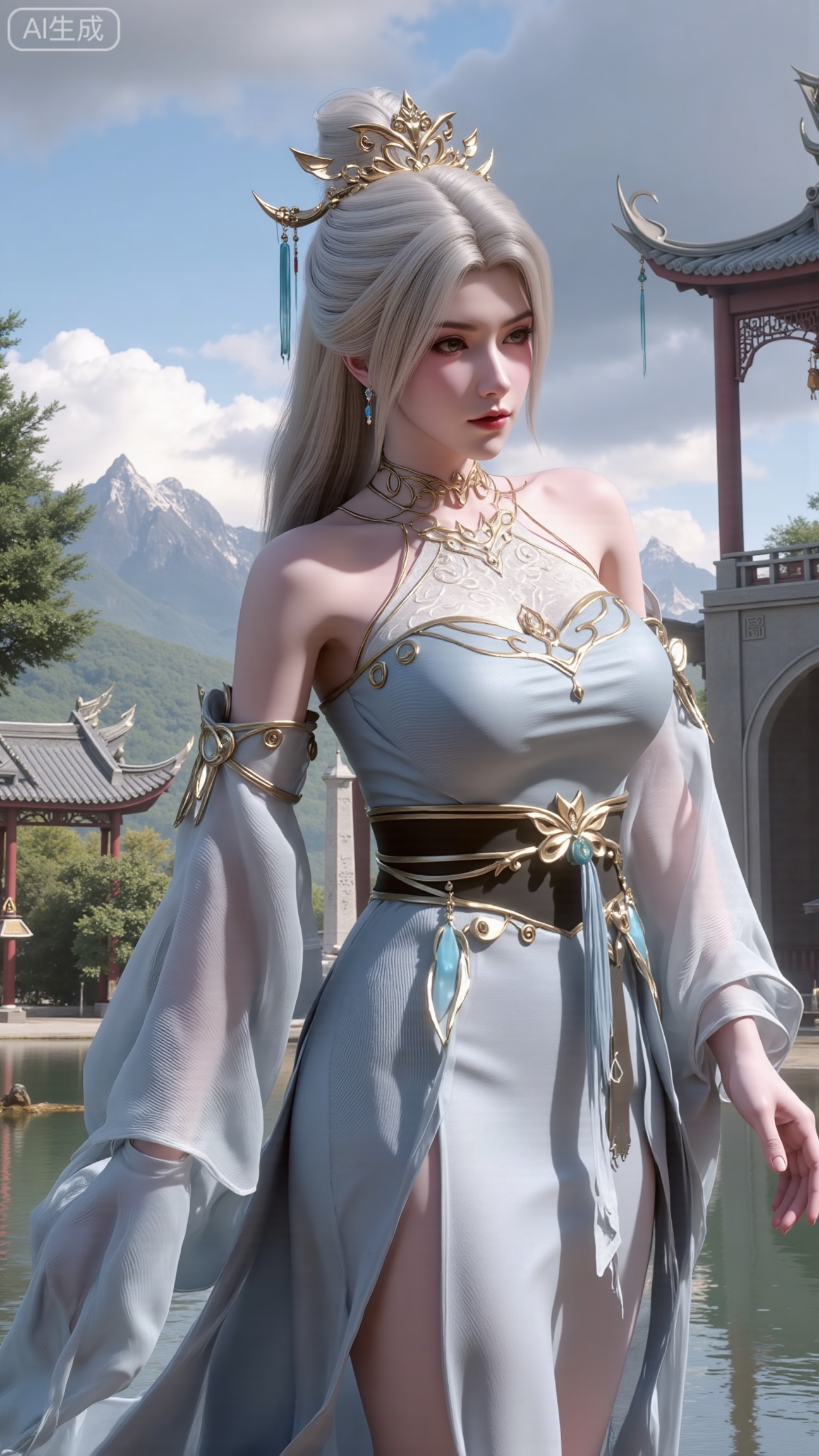 (masterpiece, best quality:1.2),1 girl, solo, long hair, hair accessories, clothing, long dress, jewelry, upper body, earrings. Background is outdoor, sky, clouds, water, trees, architecture, landscape, lantern, mountain, dragon, architecture, bridge, east Asian architecture, fog, pagoda,,(huge breasts:2.99),(full breasts:2.99),,,XbaifengsongyuYH,Xbigbreasts,Xyehuiling,XtangwutongXnb,Xyinyangjiaoshengnv,XmupeilingHongyi,XsiyouyouYH,XkejinnvdiHY,Xbaitianshi,XtangwutongXM,XnvgongjueNB,XchuyueXM,Xtantaizhangmen