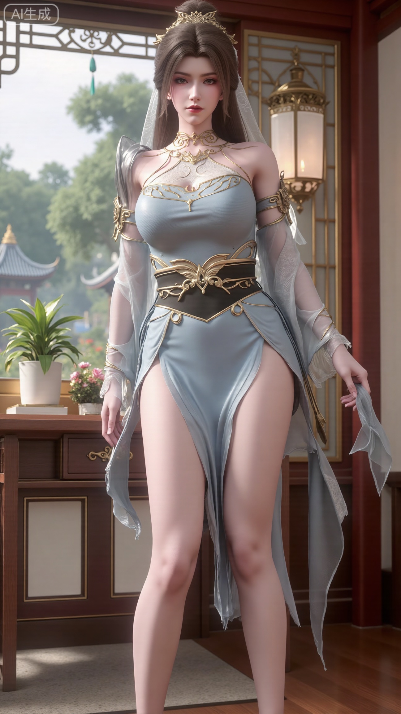 (masterpiece, best quality:1.2),indoors,window,traditional lantern,bare legs,potted plants, long legs,dress,blurry background,motion blur,full body,legs,beautiful detailed eyes,legs,breasts,Detailed eyes,CG rendering,8K resolution,8K quality,Volume light,room,forest,(huge breasts:2.99),(full breasts:2.99),,XbaifengsongyuYH,Xbigbreasts,Xyehuiling,XtangwutongXnb,Xyinyangjiaoshengnv,XmupeilingHongyi,XsiyouyouYH,XkejinnvdiHY,Xbaitianshi,XtangwutongXM,XnvgongjueNB,XchuyueXM,Xtantaizhangmen