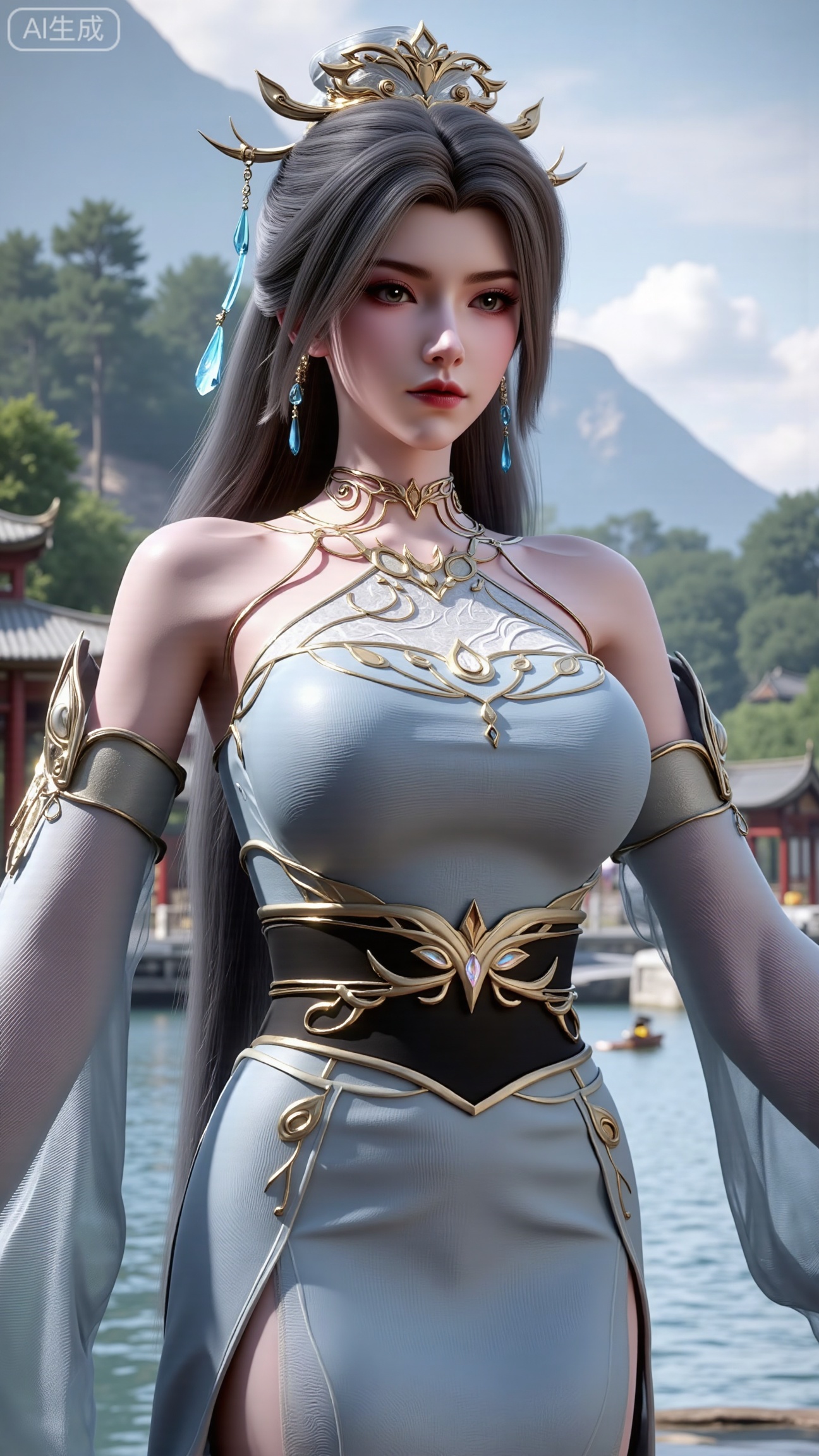 (masterpiece, best quality:1.2),1 girl, solo, long hair, hair accessories, clothing, long dress, jewelry, upper body, earrings. Background is outdoor, sky, clouds, water, trees, architecture, landscape, lantern, mountain, dragon, architecture, bridge, east Asian architecture, fog, pagoda,,(huge breasts:2.99),(full breasts:2.99),,,XbaifengsongyuYH,Xbigbreasts,Xyehuiling,XtangwutongXnb,Xyinyangjiaoshengnv,XmupeilingHongyi,XsiyouyouYH,XkejinnvdiHY,Xbaitianshi,XtangwutongXM,XnvgongjueNB,XchuyueXM,Xtantaizhangmen