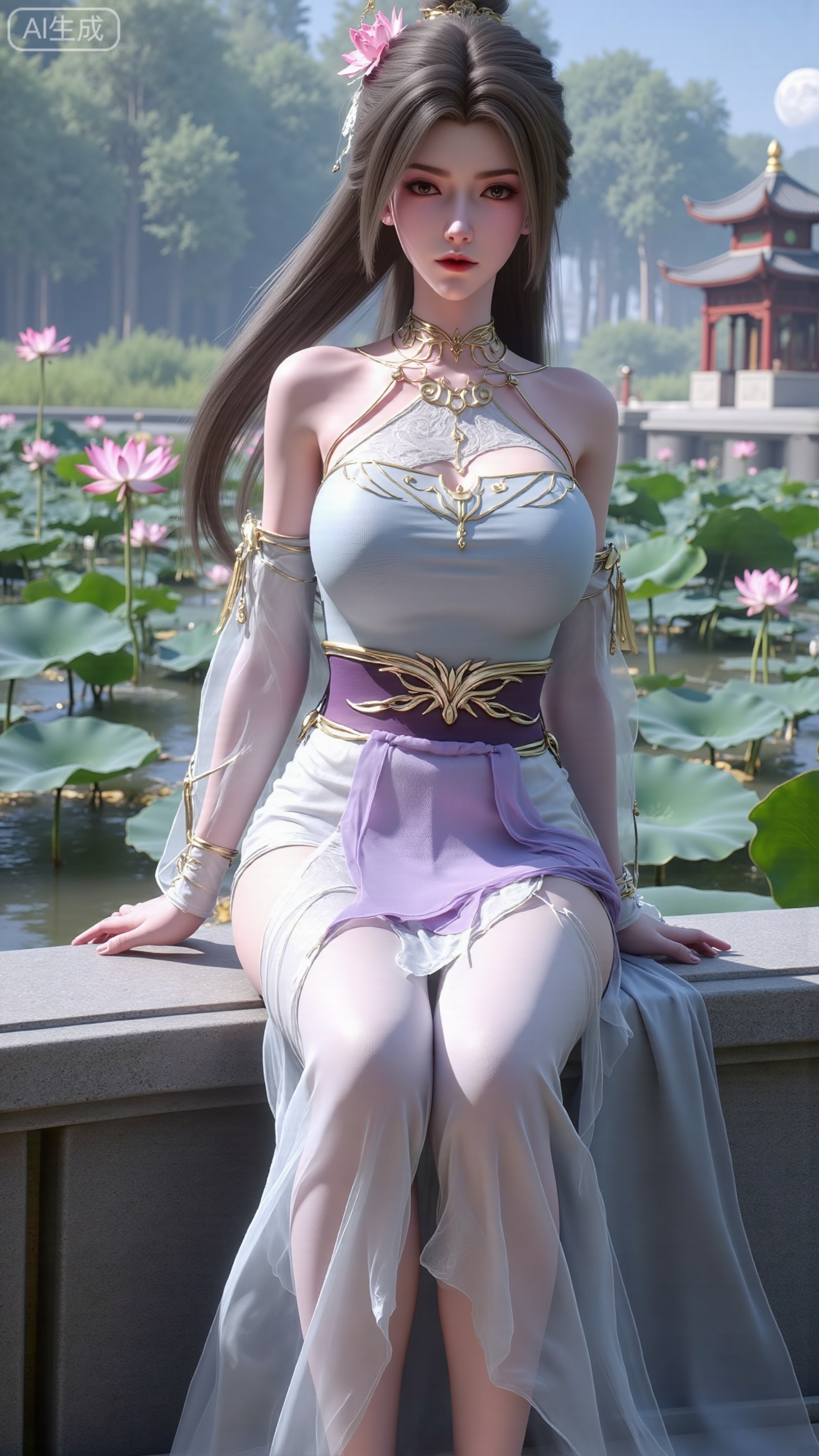 Best quality, Realistic, a woman with long hair is seated on a gray rock. She is dressed in a white dress with a purple belt around her waist. Her dress is adorned with a flower in her hair, adding a touch of beauty to the scene. In the background, a pagoda-like structure stands out against a backdrop of trees and a moon.,(big breasts:2.89),(Lotus, lotus pond:1.69),,Xbigbreasts,XbaifengsongyuYH,XzhouzimoH,XliancangH,XmupeilingHongyi,XyinyueX3,Xmaoyibaizhequn,XpikaqiuTX,XmupeulingHY3,XmupeulingHY2,XtangwutongXnb,Xyinyangjiaoshengnv,XsiyouyouYH,XnvgongjueNB,XtangwutongXM,Xtantaizhangmen,XchuyueXM