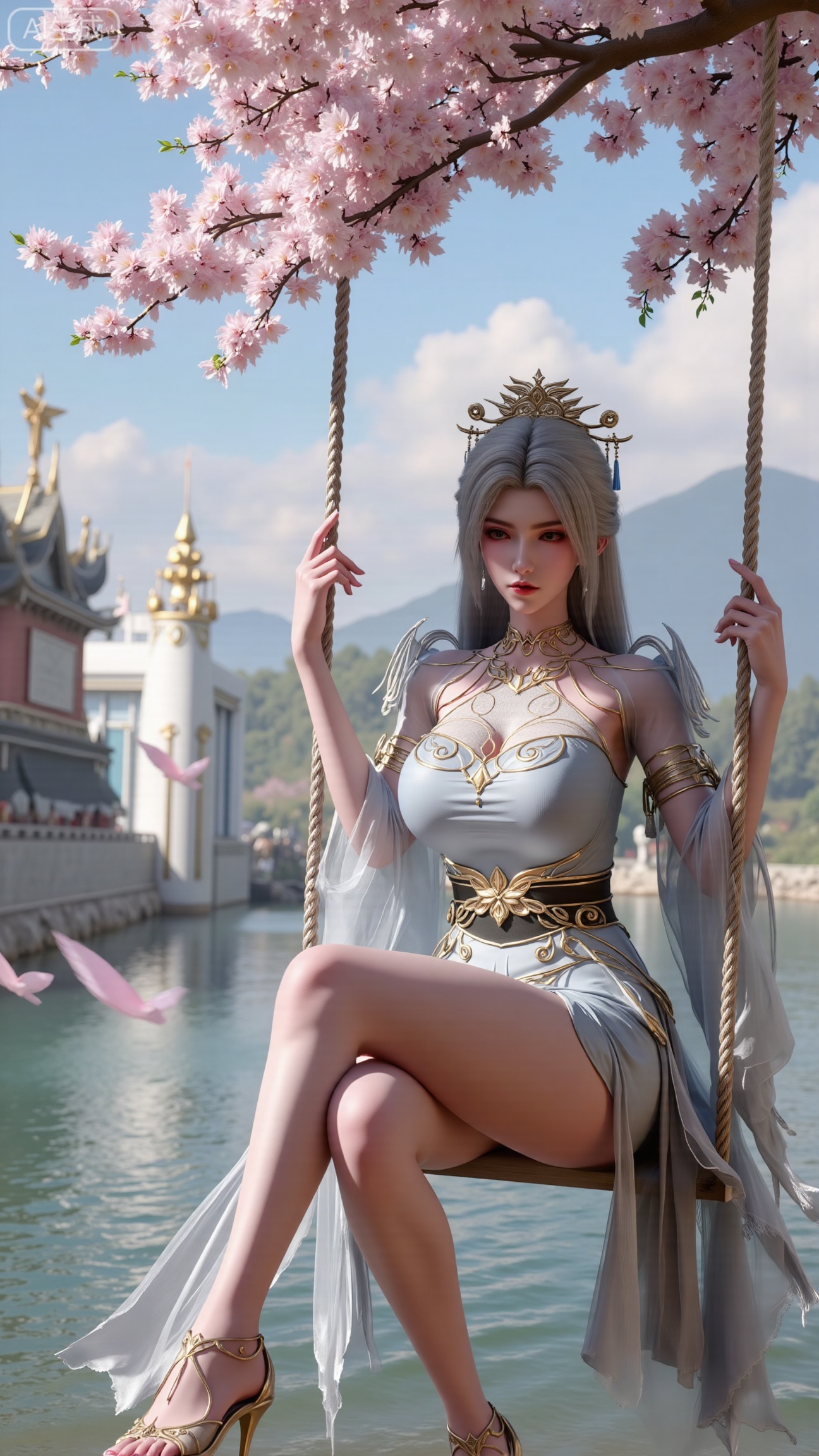  (masterpiece, top quality, best quality, official art, beautiful and aesthetic:1.2),Dynamic posture,(wings,Sitting on the swing:1.39),natural skin texture,(Milky skin:1.2),1gir,solo,Dress, (Long legs, perfect proportions:1.2),(Sakura, butterfly:1.29),(huge breasts:2.99),(full breasts:2.99),castle, waterfall, mountains in the distance,,Xbigbreasts,XbaifengsongyuYH,XzhouzimoH,XliancangH,XmupeilingHongyi,XyinyueX3,Xmaoyibaizhequn,XpikaqiuTX,XmupeulingHY3,XmupeulingHY2,XtangwutongXnb,Xyinyangjiaoshengnv,XsiyouyouYH,XnvgongjueNB,XtangwutongXM,Xtantaizhangmen,XchuyueXM
