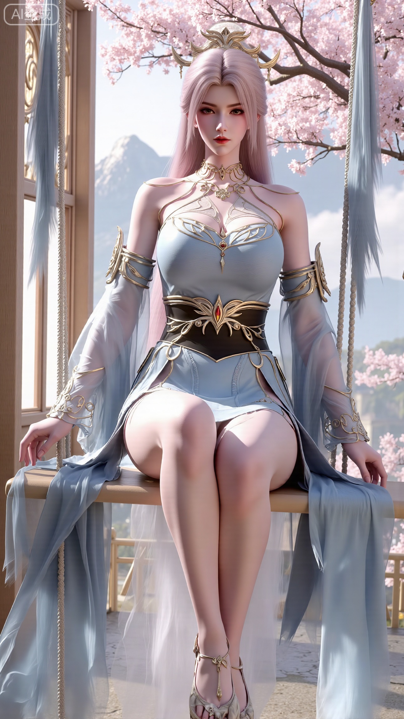  (masterpiece, top quality, best quality, official art, beautiful and aesthetic:1.2),Dynamic posture,(wings,Sitting on the swing:1.39),natural skin texture,(Milky skin:1.2),1gir,solo,Dress, (Long legs, perfect proportions:1.2),(Sakura, butterfly:1.29),(huge breasts:2.99),(full breasts:2.99),castle, waterfall, mountains in the distance,,Xbigbreasts,XbaifengsongyuYH,XzhouzimoH,XliancangH,XmupeilingHongyi,XyinyueX3,Xmaoyibaizhequn,XpikaqiuTX,XmupeulingHY3,XmupeulingHY2,XtangwutongXnb,Xyinyangjiaoshengnv,XsiyouyouYH,XnvgongjueNB,XtangwutongXM,Xtantaizhangmen,XchuyueXM