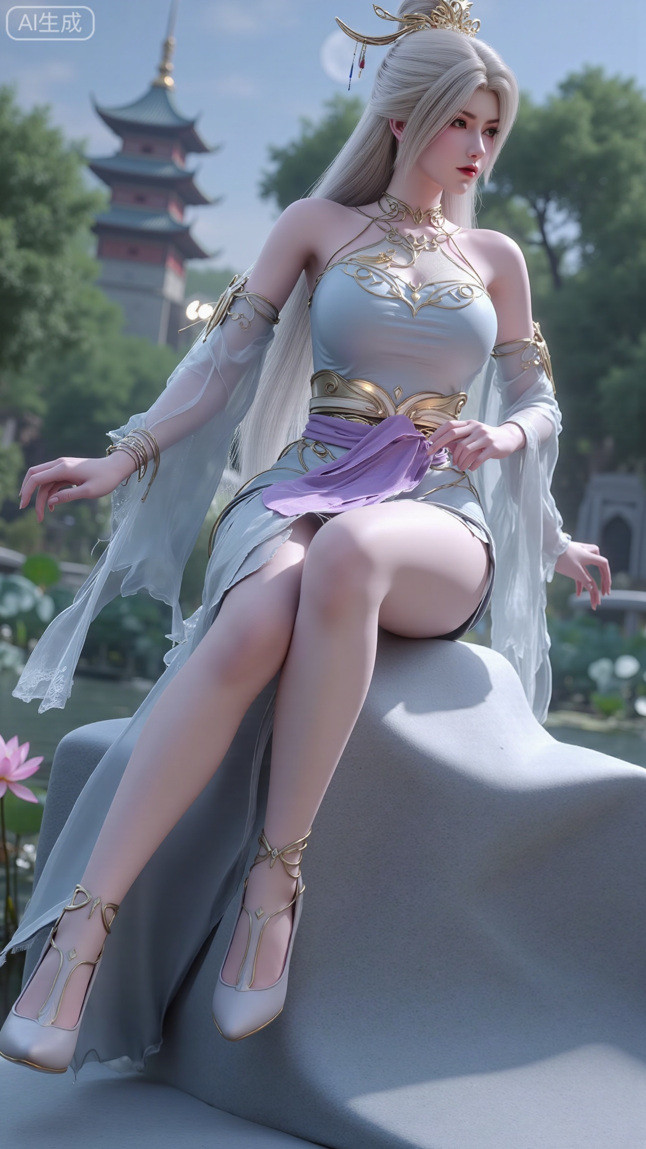 Best quality, Realistic, a woman with long hair is seated on a gray rock. She is dressed in a white dress with a purple belt around her waist. Her dress is adorned with a flower in her hair, adding a touch of beauty to the scene. In the background, a pagoda-like structure stands out against a backdrop of trees and a moon.,(big breasts:2.89),(Lotus, lotus pond:1.69),,Xbigbreasts,XbaifengsongyuYH,XzhouzimoH,XliancangH,XmupeilingHongyi,XyinyueX3,Xmaoyibaizhequn,XpikaqiuTX,XmupeulingHY3,XmupeulingHY2,XtangwutongXnb,Xyinyangjiaoshengnv,XsiyouyouYH,XnvgongjueNB,XtangwutongXM,Xtantaizhangmen,XchuyueXM