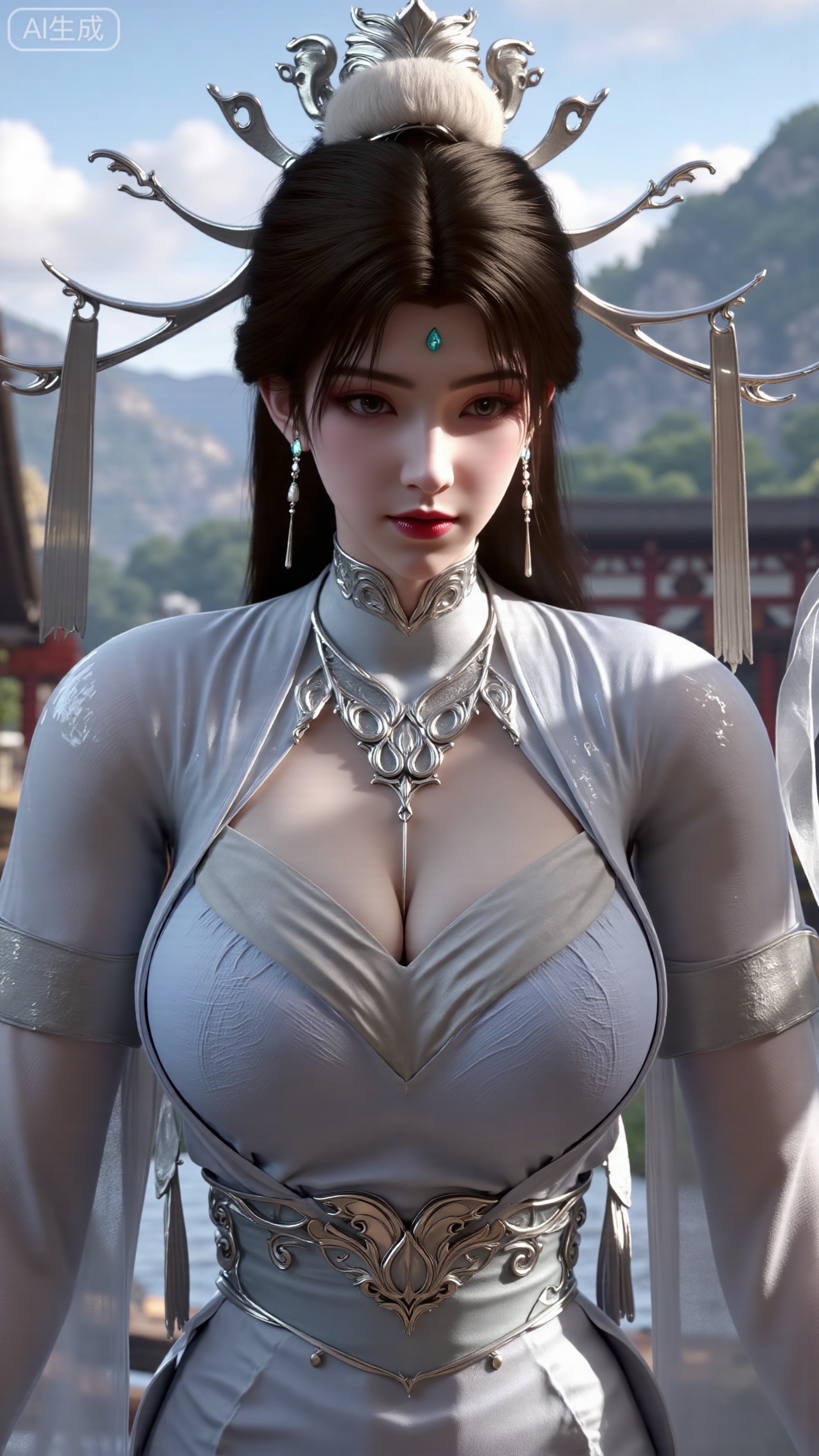 (masterpiece, best quality:1.2),1 girl, solo, long hair, hair accessories, clothing, long dress, jewelry, upper body, earrings. Background is outdoor, sky, clouds, water, trees, architecture, landscape, lantern, mountain, dragon, architecture, bridge, east Asian architecture, fog, pagoda,,(huge breasts:2.99),(full breasts:2.99),,,XbaifengsongyuYH,Xbigbreasts,Xyehuiling,XtangwutongXnb,Xyinyangjiaoshengnv,XmupeilingHongyi,XsiyouyouYH,XkejinnvdiHY,Xbaitianshi,XtangwutongXM,XnvgongjueNB,XchuyueXM,Xtantaizhangmen