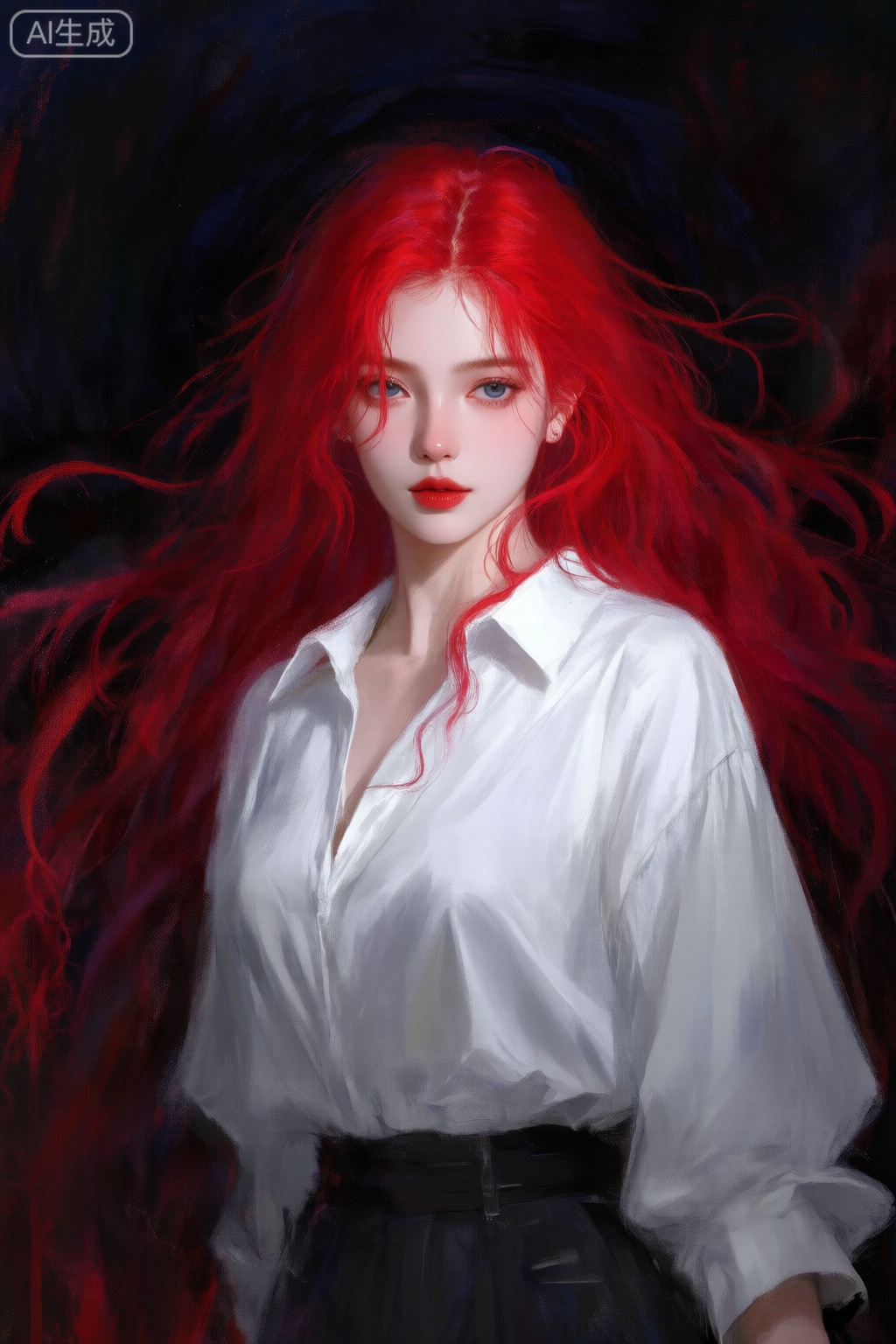 厚涂颜料
手绘插画
一个充满活力的红头发的女人,有着长长的波浪红色头发站在黑暗的背景前。她穿着一条白色领纽扣长袖衬衫,腰间绑着一条黑色腰带。她的嘴唇被涂成深红色,在她的脸上增添了色彩。她的眼睛是深蓝色,嘴唇是红色的浅色。她的头发在她的肩膀上层叠,整个脸部构图。背景是黑色和红色的混合,形成了惊人的对比。
