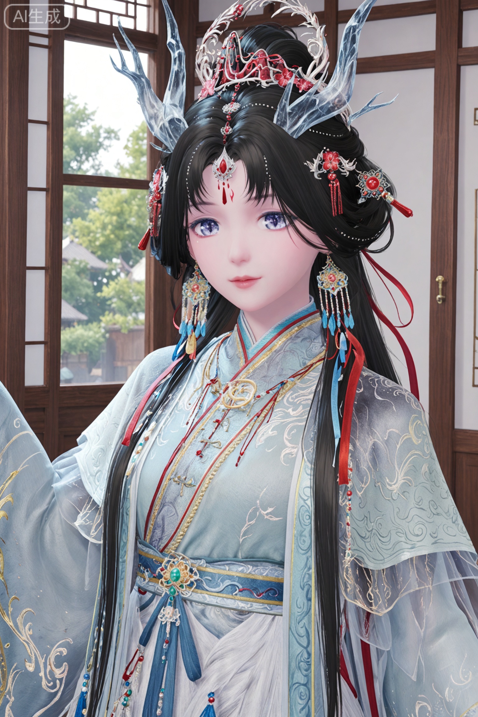 1girl, solo, long hair, looking at viewer, black hair, hair ornament, long sleeves, dress, jewelry, white_background,earrings, indoors, wide sleeves, facial mark, chinese clothes, tassel, shawl, forehead mark, hanfu,upper_body,dragon horn, transparent,