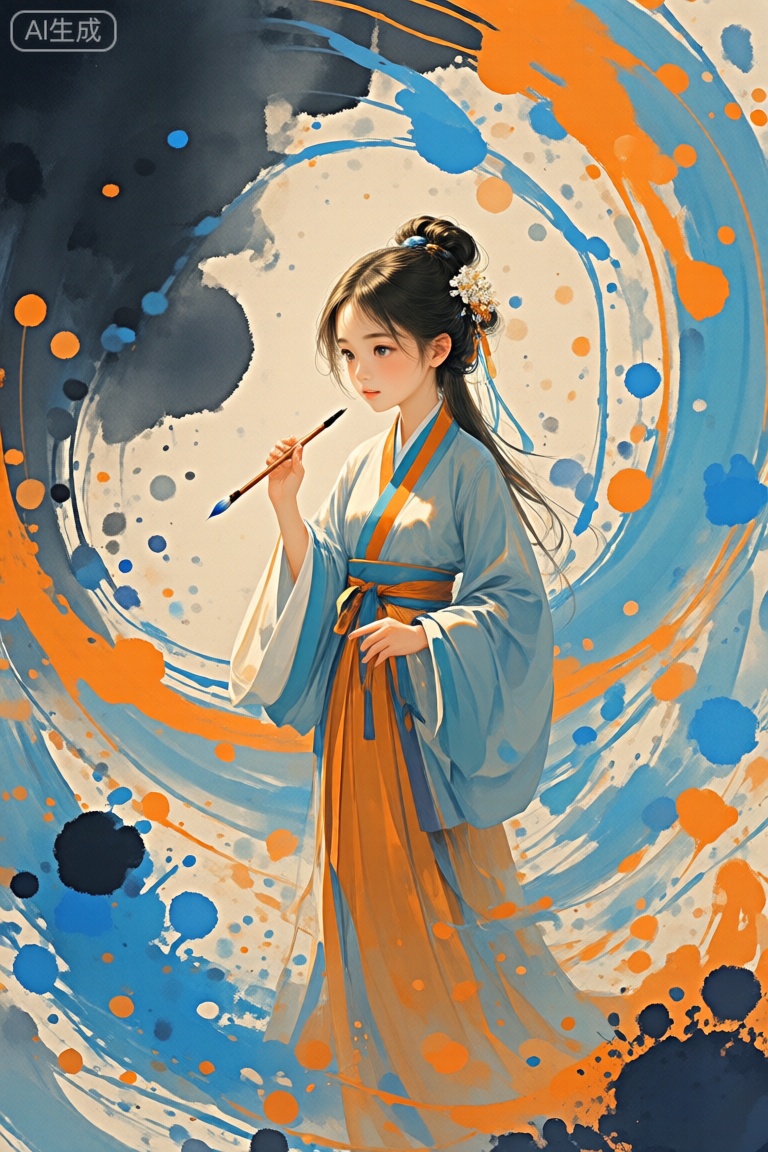 A girl standing in a traditional Chinese ink painting style, with flowing brush strokes and vibrant ink splashes around her. She is dressed in a classical Chinese robe, holding a brush. The scene is set in an ancient study, with dim lighting highlighting her elegant pose against the backdrop of swirling ink clouds.