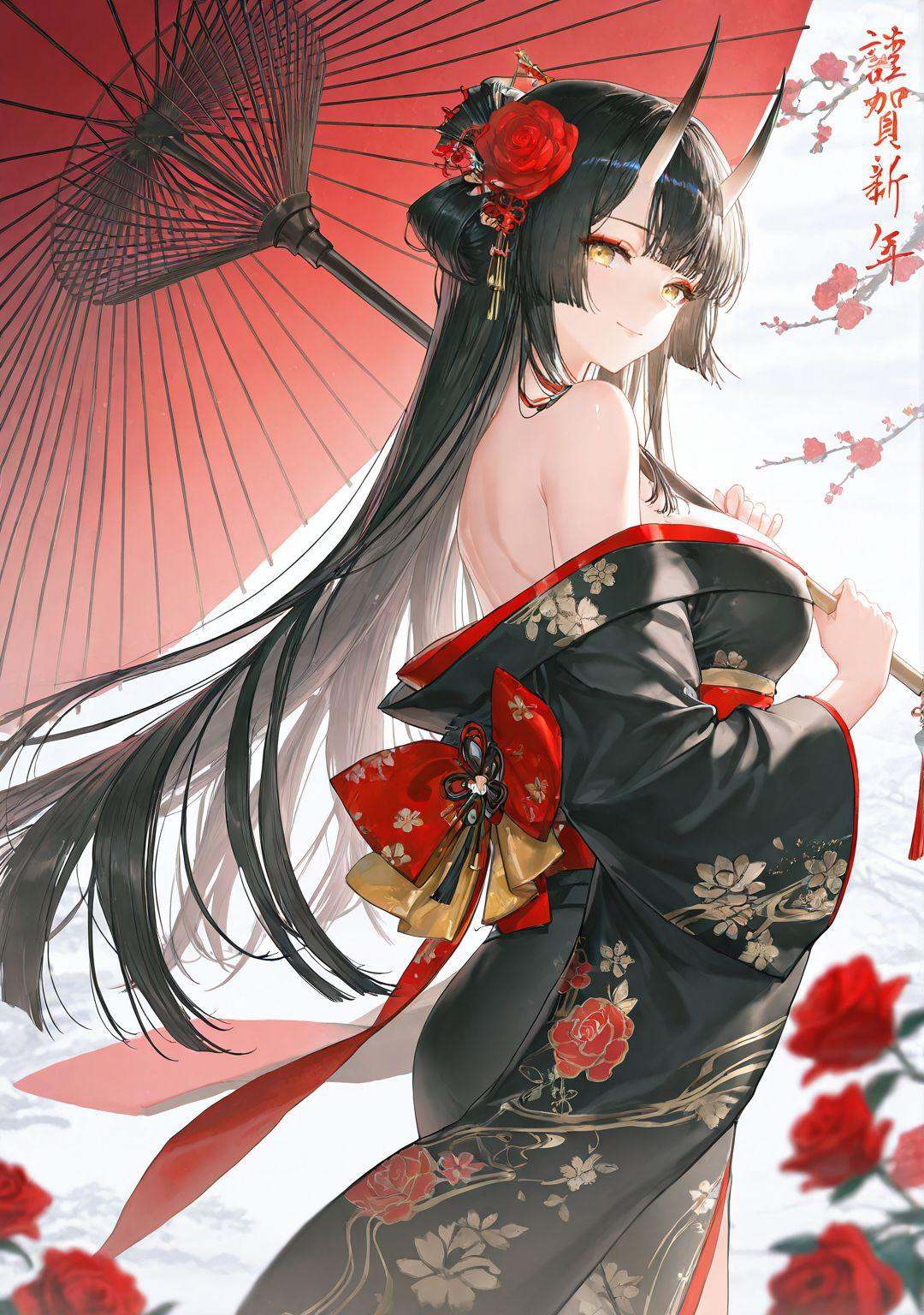 highres,extremely detailed 8k wallpaper,illustration,depth of field,great quality,masterpiece,best quality,amazing quality,very aesthetic,absurdres,detail eyes,(artist:ran'ou_(tamago_no_kimi):0.5),(artist:atdan:0.5),artist:yolanda,artist:rella,(artist:vixen),year 2023 BREAK<lora:nai4 shiny style 2:0.7>,nai4 shiny style, -1girl, horns, solo, japanese clothes, umbrella, hair ornament, kimono, flower, hair flower, oil-paper umbrella, holding, black hair, looking at viewer, black kimono, red flower, multicolored hair, holding umbrella, long hair, bare shoulders, off shoulder, breasts, yellow eyes, bangs, cowboy shot, from side, sash, wide sleeves, long sleeves, closed mouth, obi, makeup, standing, floral print, looking to the side, eyeshadow, rose, smile