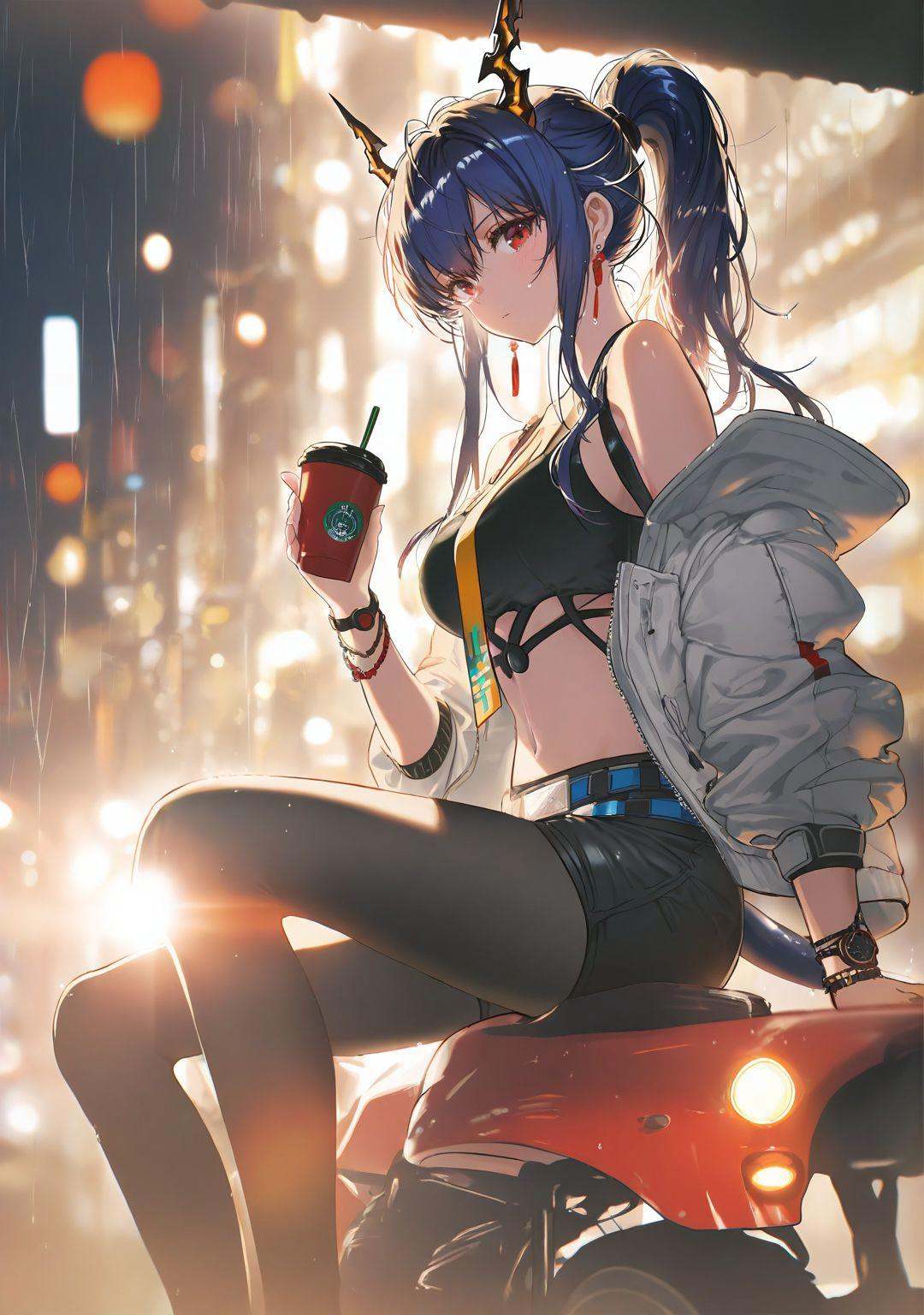highres,extremely detailed 8k wallpaper,illustration,depth of field,great quality,masterpiece,best quality,amazing quality,very aesthetic,absurdres,detail eyes,rim light,Volumetric Lighting,backlighting,(artist:tokkyu:0.7),(artist:tokkyu:yoneyama_mai:0.5),(artist:ran'ou_(tamago_no_kimi):0.5),(artist:atdan:0.5),artist:yolanda,artist:rella,(artist:vixen),year 2023 BREAKnai4 shiny style,<lora:nai4 shiny style V2:1>, -1girl, horns, blue hair, ch'en (arknights), holding, jewelry, solo, long hair, looking at viewer, cup, shorts, jacket, black shorts, red eyes, dragon horns, sitting, ponytail, off shoulder, holding cup, breasts, open clothes, from side, midriff, earrings, disposable cup, belt, open jacket, bracelet, bare shoulders, sidelocks, wristwatch, rain, bangs, pantyhose, ground vehicle, medium breasts
