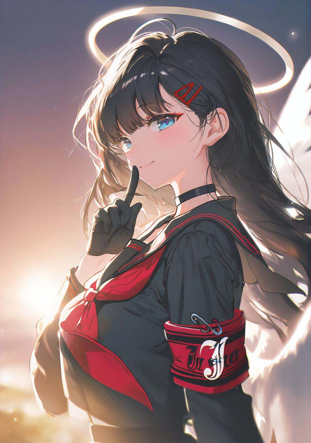 highres,extremely detailed 8k wallpaper,illustration,depth of field,great quality,masterpiece,best quality,amazing quality,very aesthetic,absurdres,detail eyes,rim light,Volumetric Lighting,backlighting,(artist:tokkyu:0.7),(artist:tokkyu:yoneyama_mai:0.5),(artist:ran'ou_(tamago_no_kimi):0.5),(artist:atdan:0.5),artist:yolanda,artist:rella,(artist:vixen),year 2023 BREAKnai4 shiny style,<lora:nai4 shiny style V2:1>, -1girl, armband, solo, school uniform, hair ornament, black hair, halo, long hair, wings, serafuku, looking at viewer, gloves, black gloves, neckerchief, hairclip, smile, safety pin, sailor collar, black serafuku, red neckerchief, bangs, blue eyes, sky, from side, upper body, choker, index finger raised, finger to mouth, shirt, black sailor collar, long sleeves