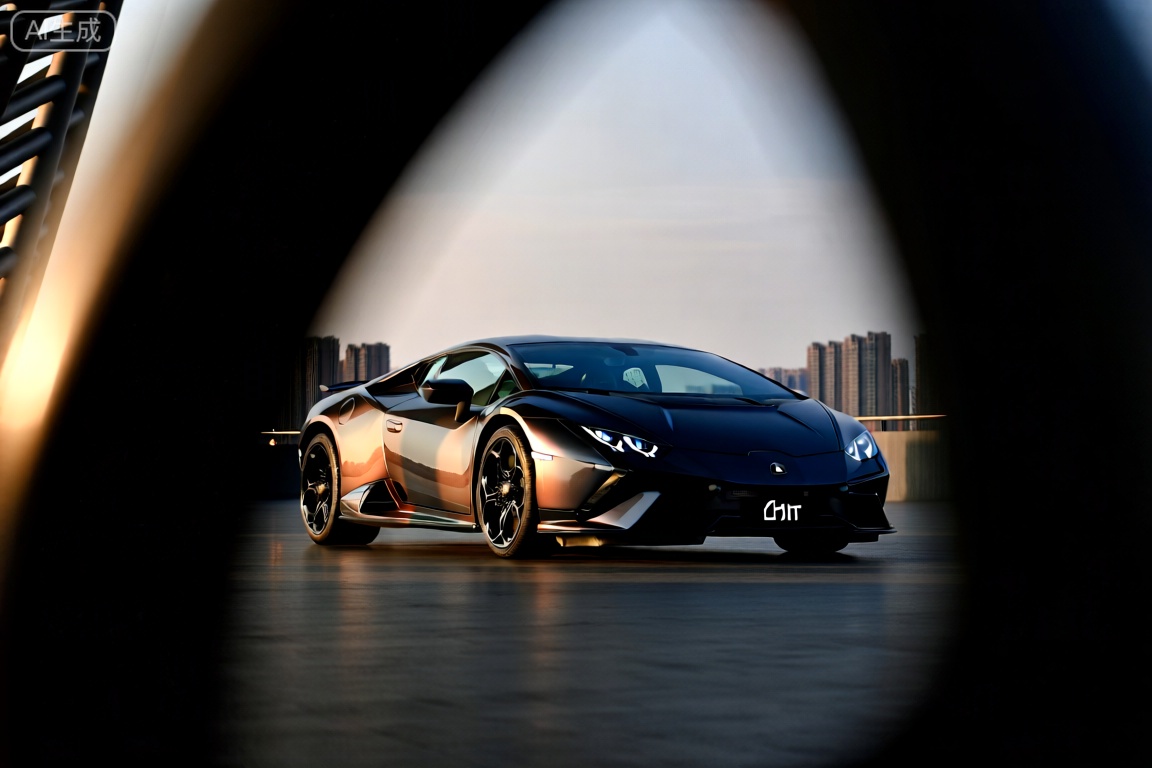 A sleek Lamborghini sports car, framed in a wide-angle shot. The car is positioned centrally, with its aggressive lines and sharp angles highlighted. The lighting is dramatic, with low sunlight casting dynamic shadows. The composition focuses on the car's powerful curves and detailed design elements, set against a backdrop of a modern cityscape at dusk.