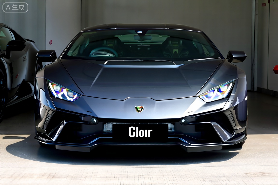 A sleek Lamborghini sports car parked in a garage, headlights glowing in the dim light, engine hood slightly raised, showcasing its powerful design and intricate details.