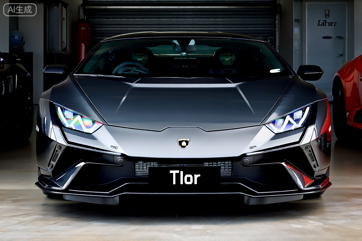 A sleek Lamborghini sports car parked in a garage, headlights glowing in the dim light, engine hood slightly raised, showcasing its powerful design and intricate details.