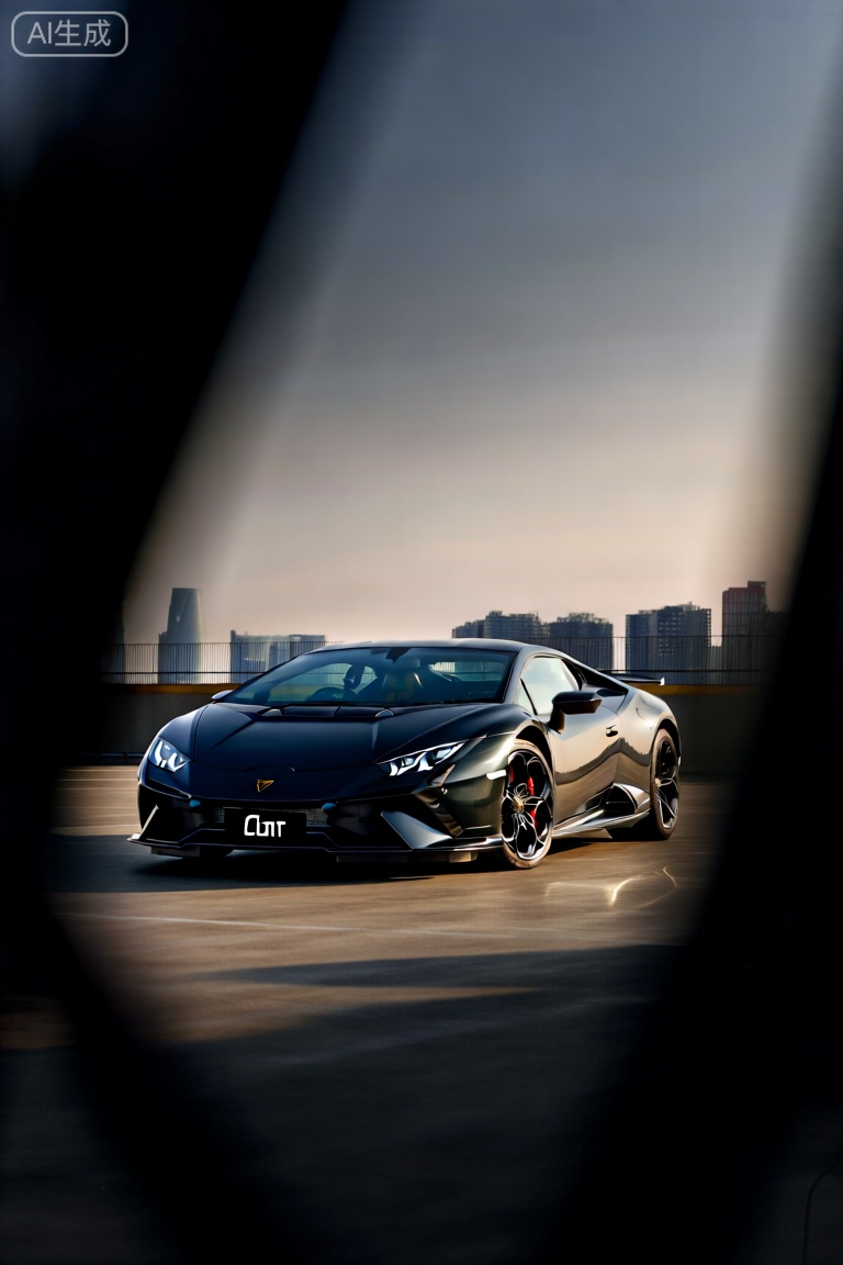 A sleek Lamborghini sports car, framed in a wide-angle shot. The car is positioned centrally, with its aggressive lines and sharp angles highlighted. The lighting is dramatic, with low sunlight casting dynamic shadows. The composition focuses on the car's powerful curves and detailed design elements, set against a backdrop of a modern cityscape at dusk.