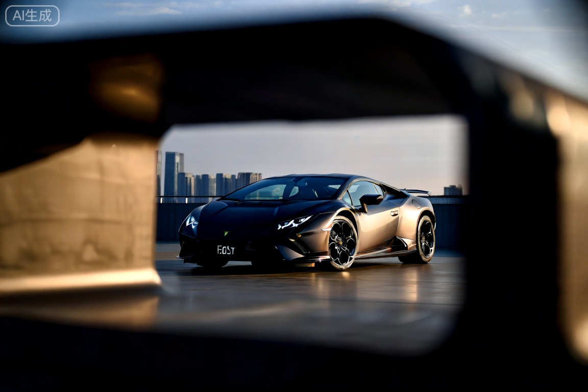 A sleek Lamborghini sports car, framed in a wide-angle shot. The car is positioned centrally, with its aggressive lines and sharp angles highlighted. The lighting is dramatic, with low sunlight casting dynamic shadows. The composition focuses on the car's powerful curves and detailed design elements, set against a backdrop of a modern cityscape at dusk.