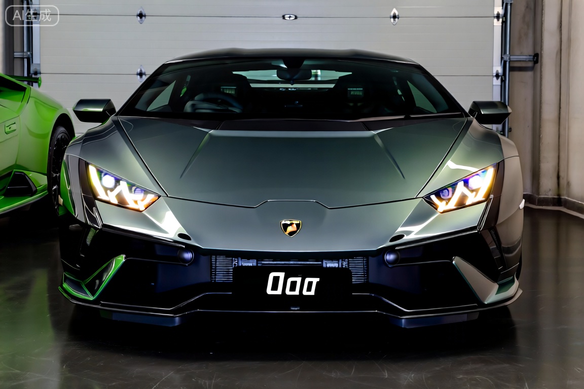 A sleek Lamborghini sports car parked in a garage, headlights glowing in the dim light, engine hood slightly raised, showcasing its powerful design and intricate details.