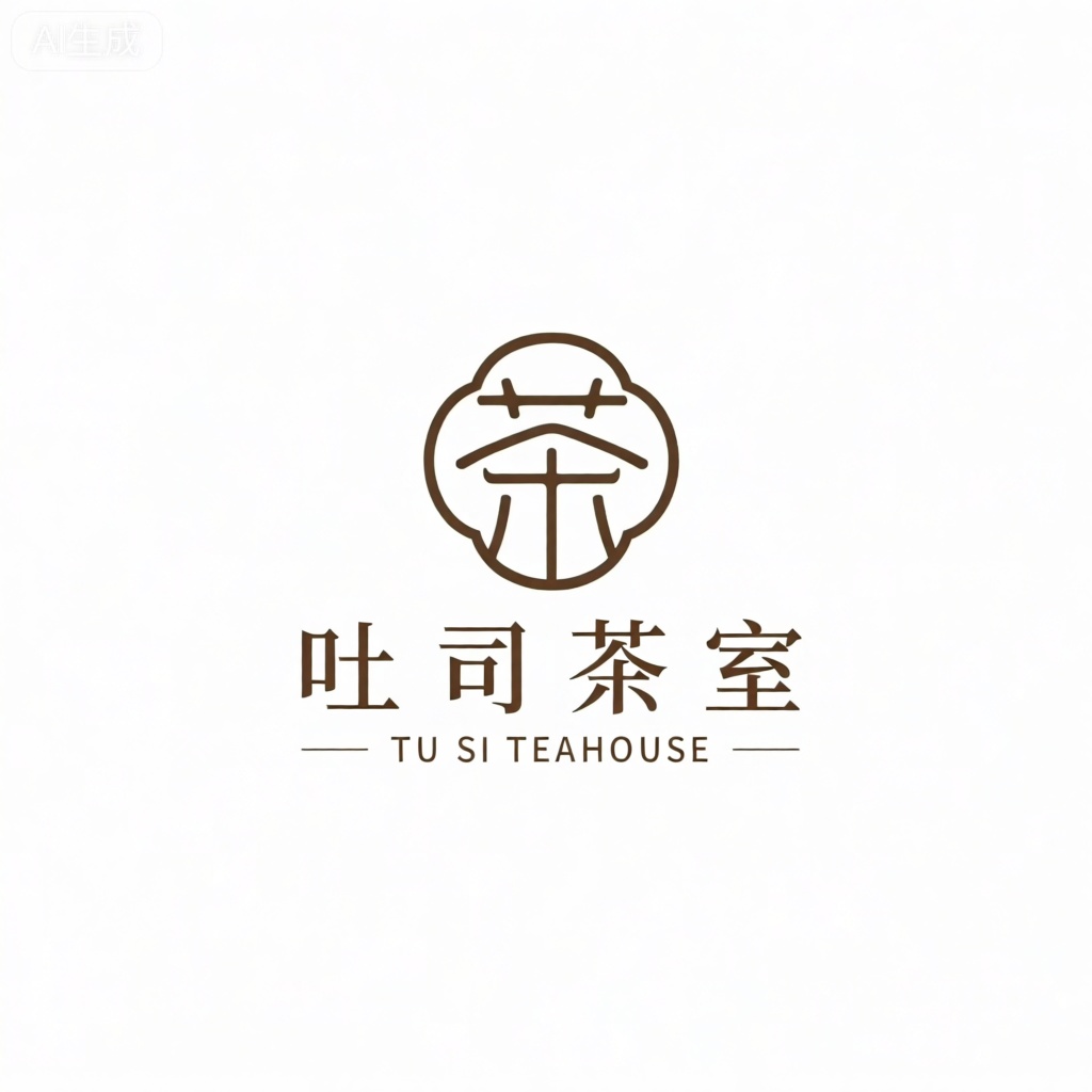 该图像具有带有简约设计的徽标。在顶部,有一个包含风格化字符的圆形标志,似乎是中文：“茶”。在标志下方,文字用干净,优雅的字体上写着“ 吐司茶室”, 文本“ TU SI TEAHOUSE”是用干净的,serif字体编写的,该字体位于汉字的下面文本以棕色颜色为中心,以补充圆形标志。背景是纯白色,这使徽标清晰脱颖而出。总体设计是简单而现代的,重点是文本和标志。
