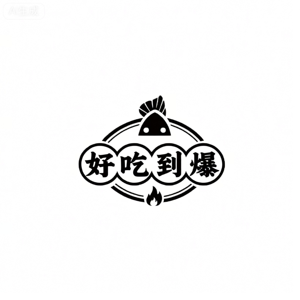 该图像具有一个徽标,其顶部显示出“好吃到爆”的文字。徽标还包括顶部中心的风格化鱼。在底部,有一个小的火焰图形,而文字“好吃到爆”是以圆形的方式编写的,强调了新鲜度的主题。总体设计简单干净,重点放在文本和鱼图案上。