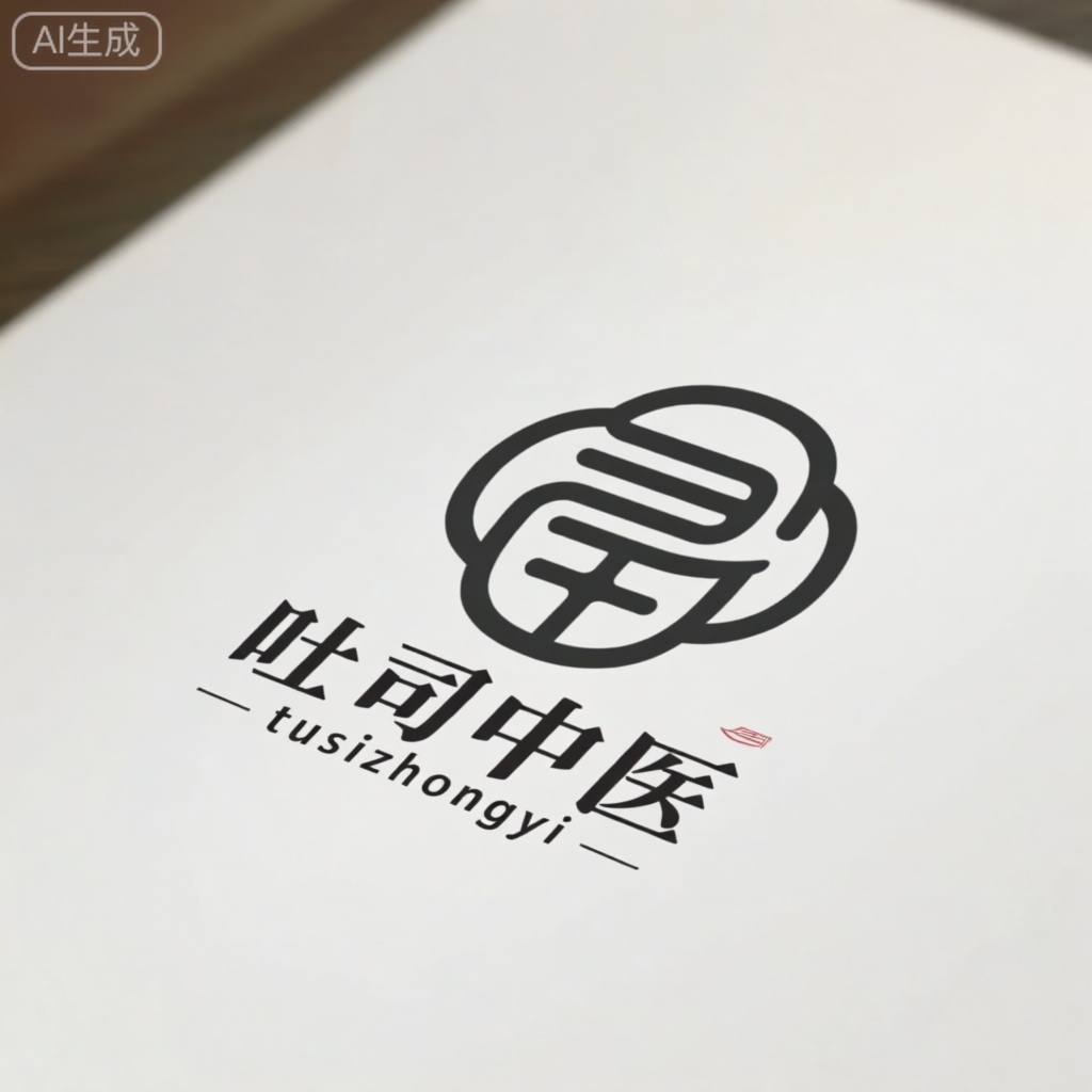该图像具有带有程式化设计的徽标,其中包括汉字和符号的组合。这些字符用现代的,serif字体写成,汉字:"吐司中医"符号是一种黑色,抽象的设计,类似于风格化的面孔或口罩。在符号下方,文字用英语读取“ tusizhongyi”。背景是浅色的浅色表面,为徽标提供了干净,简约的背景。