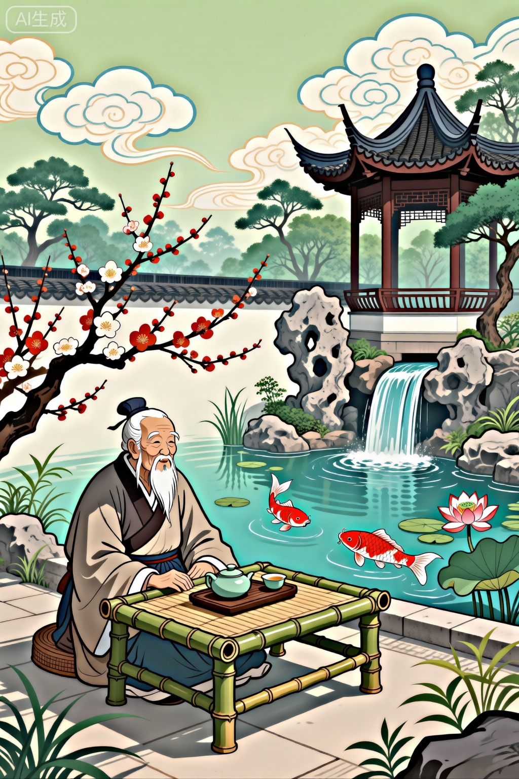 一个古代的老人坐在竹制的茶桌钱,画面中有池塘和小型瀑布,假山,背景是亭子,身边有伸开的梅花,天空中飘着祥云,远处有很多树木,池塘边有矮小的植物,池塘里有荷花和红色鲤鱼