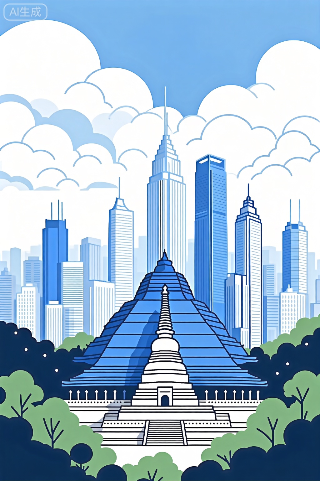 城市天际线插图,上面有高楼大厦和摩天大楼。天空中布满了白云,建筑呈网格状排列。在图像的中心,有一座蓝色屋顶的大型建筑,前景是一座宝塔状的结构。这座建筑看起来像一座寺庙或寺庙建筑群,有多个层次和复杂的细节。建筑周围是树木和灌木丛,营造出一种宁静祥和的氛围。插图的整体配色方案是蓝色、白色和绿色。