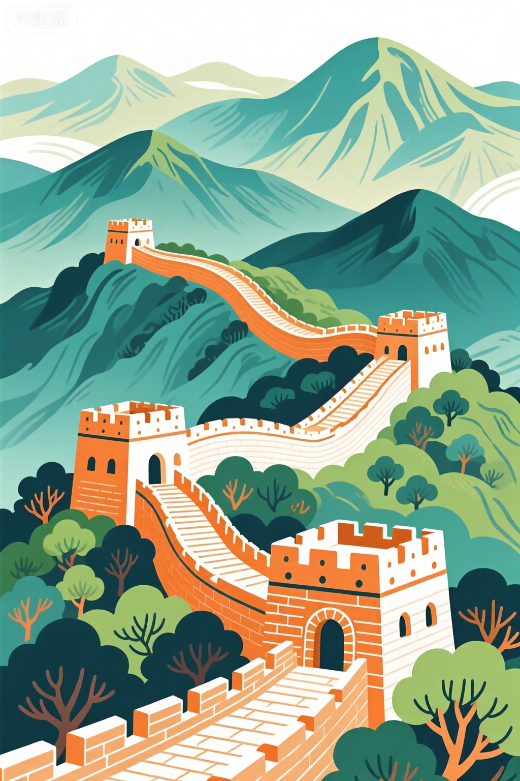 标题：万里长城,平面插画,长城,山峰,烽火台,树木,