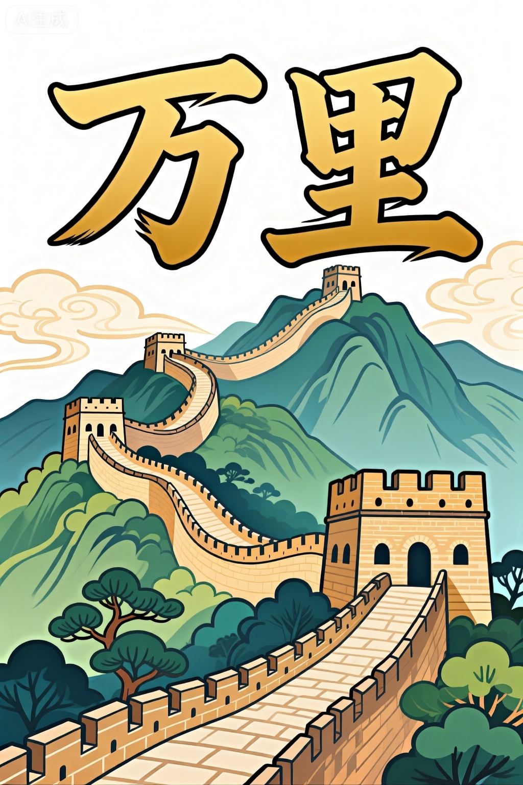大标题：万里长城,字体为卡通字体,金色字,字迹苍劲有力,居中,平面插画,长城,山峰,烽火台,树木,构图平衡和谐,捕捉了大自然宁静的精髓,