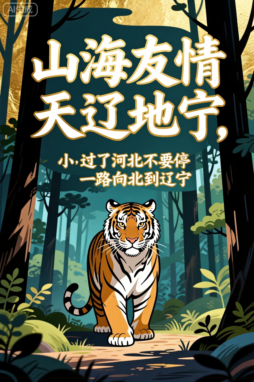 大标题：山海友情,天辽地宁,小标题：过了河北不要停,一路向北到辽宁,字体为卡通字体,金色字,字迹苍劲有力,居中,,烫金,金箔,森林里一只东北虎,阴影柔和,,茂密的常青树林营造了一个自然的框架,强调了它宁静祥和的环境,柔和的自然光透过雨棚照亮了场景,在地面上投下了精致的阴影,构图平衡和谐,捕捉了大自然宁静的精髓,