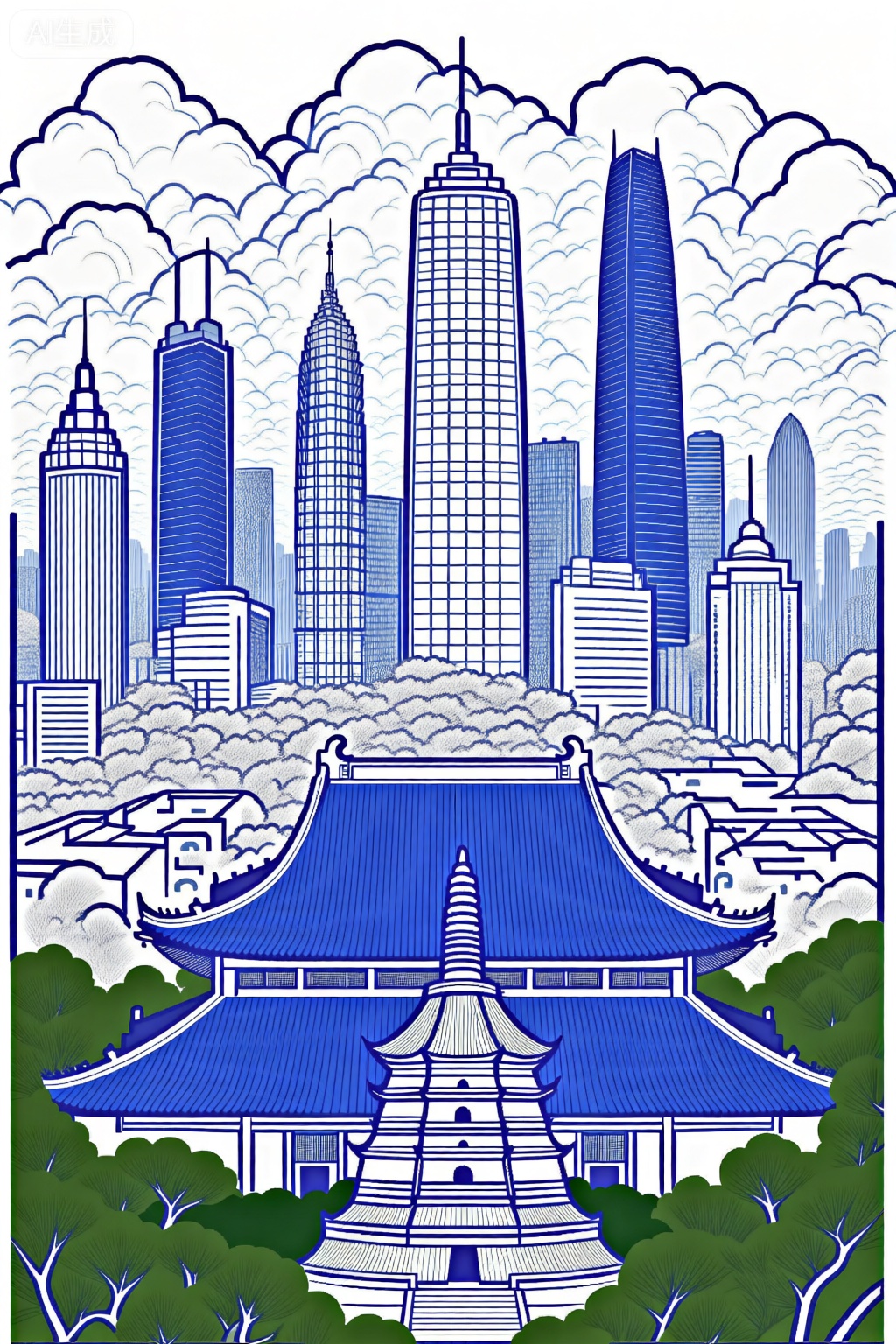 这幅图像是一幅蓝白相间的城市天际线插图,上面有高楼大厦和摩天大楼。天空中布满了白云,建筑呈网格状排列。在图像的中心,有一座蓝色屋顶的大型建筑,前景是一座宝塔状的结构。这座建筑看起来像一座寺庙或寺庙建筑群,有多个层次和复杂的细节。建筑周围是树木和灌木丛,营造出一种宁静祥和的氛围。插图的整体配色方案是蓝色、白色和绿色。