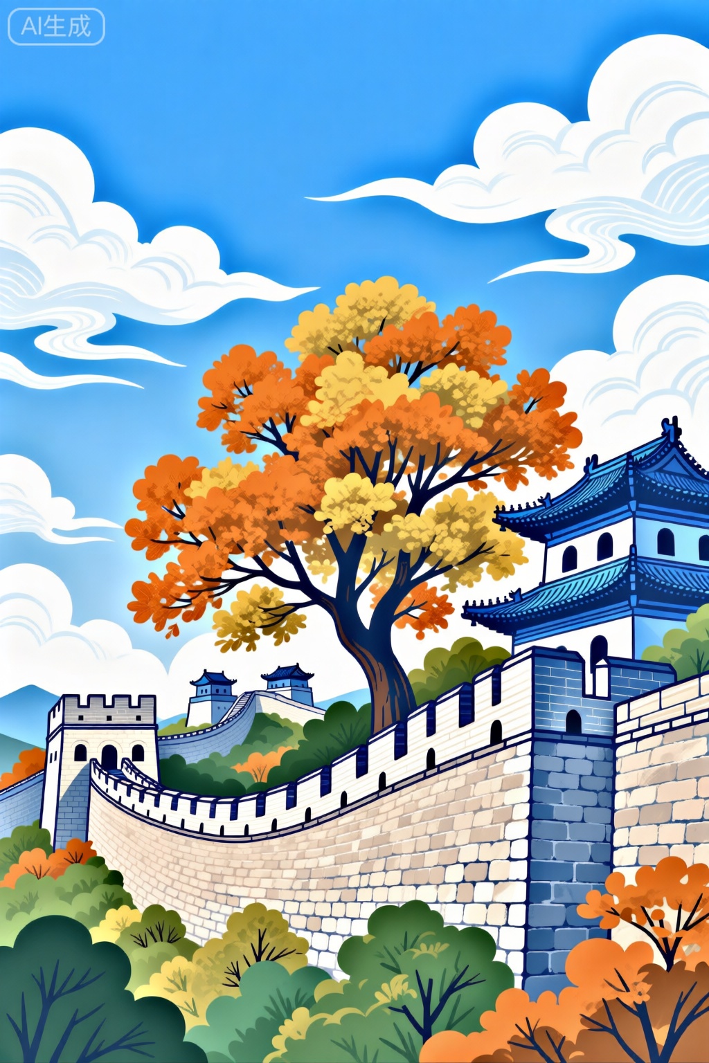 中国长城,这堵墙是石头做的,周围是树木和灌木丛天空湛蓝,白云四散在图像的中心,有一棵橙色和黄色叶子的大树,在蓝天的映衬下显得格外突出在墙的左侧,有几座较小的建筑,包括一座蓝色屋顶和白色墙壁的宝塔状结构墙壁是弯曲的,似乎是更大结构的一部分插图的整体风格是中国传统建筑。