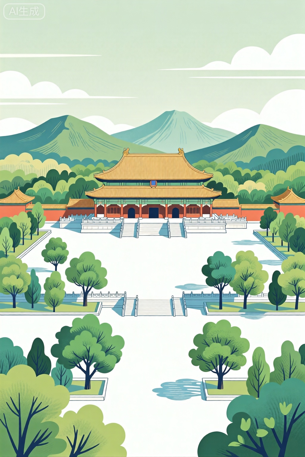 平面插画,故宫,**,树木,远处有山,构图平衡和谐,捕捉了大自然宁静的精髓,