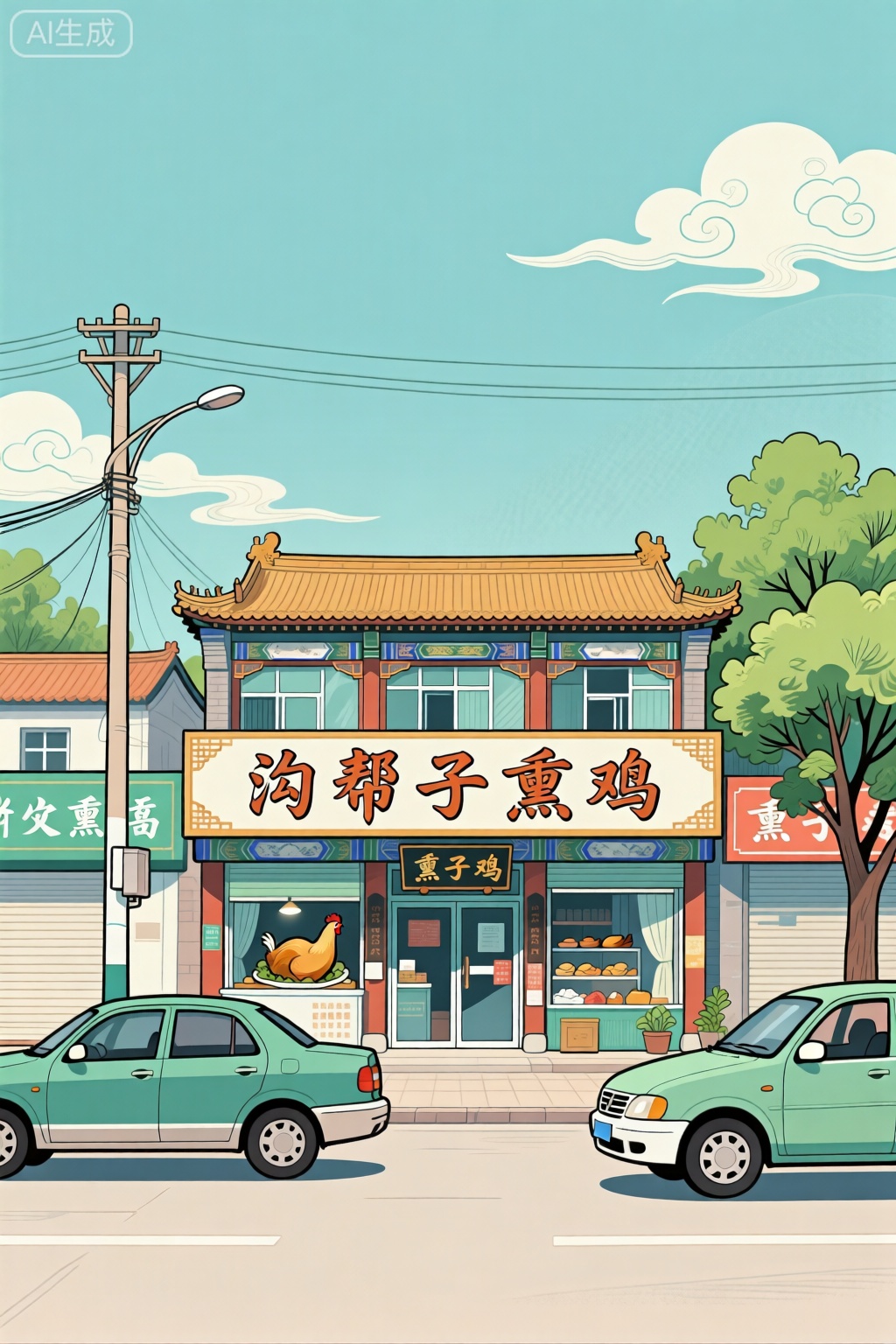 平面插画,熏鸡店铺,街道,车辆,构图平衡和谐,捕捉了大自然宁静的精髓,牌匾上写着：沟帮子熏鸡
