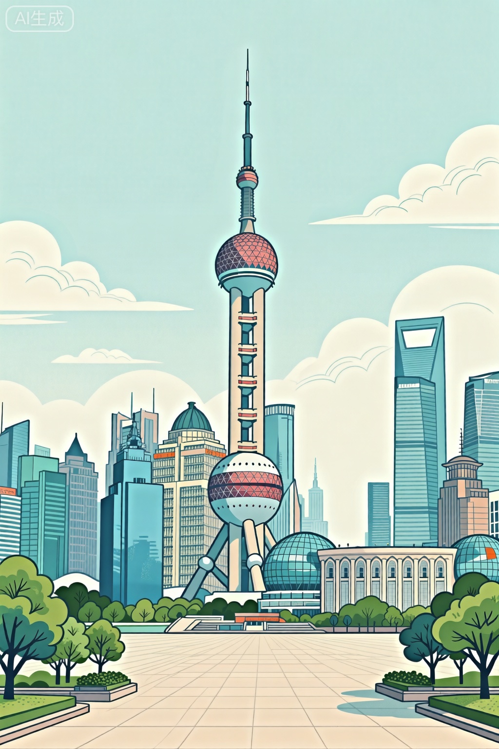 平面插画,上海城市地标东方明珠,**,树木,远处有山,构图平衡和谐,捕捉了大自然宁静的精髓,
