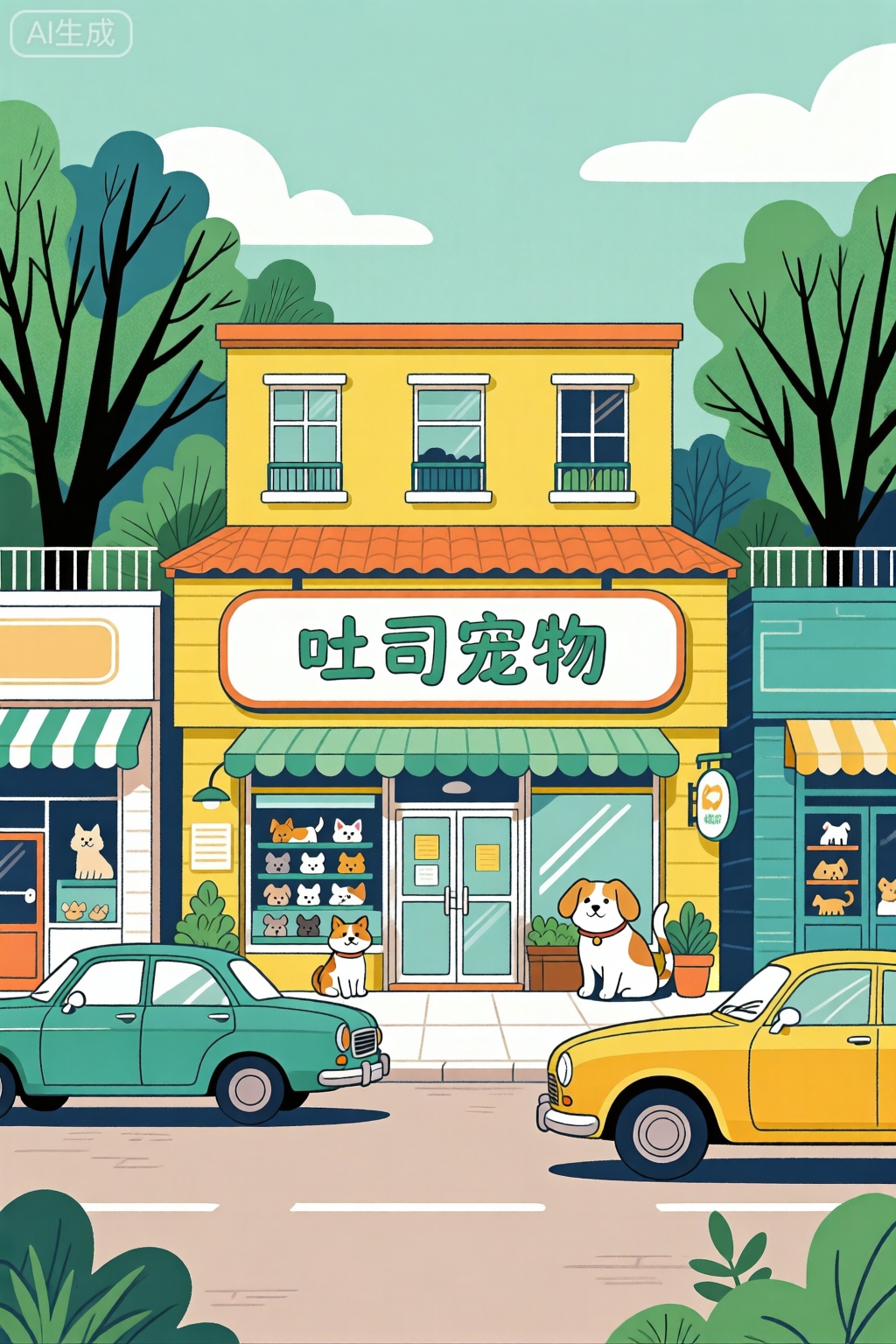 平面插画,宠物店,街道,车辆,构图平衡和谐,捕捉了大自然宁静的精髓,牌匾上写着：吐司宠物