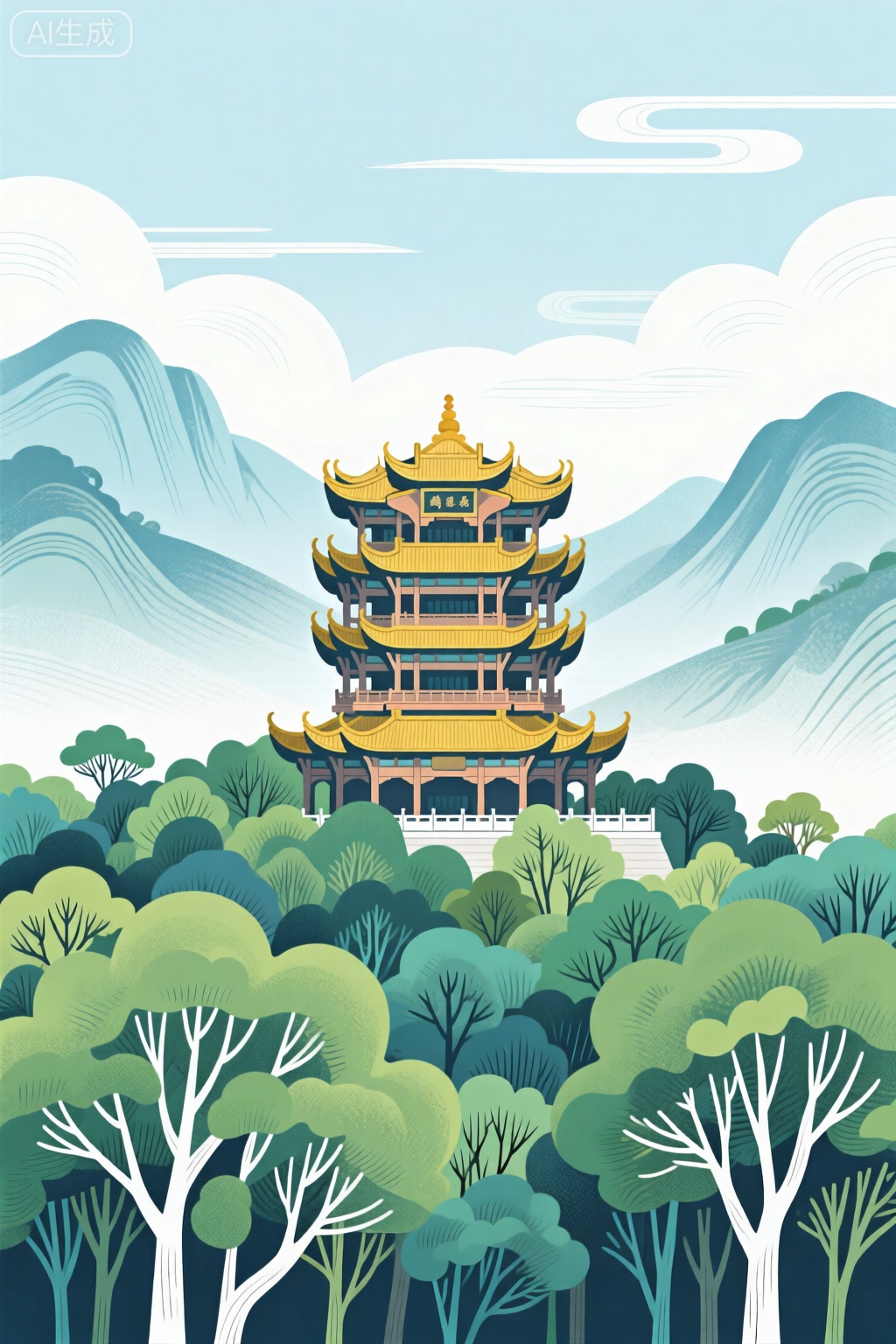 平面插画,黄鹤楼,树木,远处有山,构图平衡和谐,捕捉了大自然宁静的精髓,