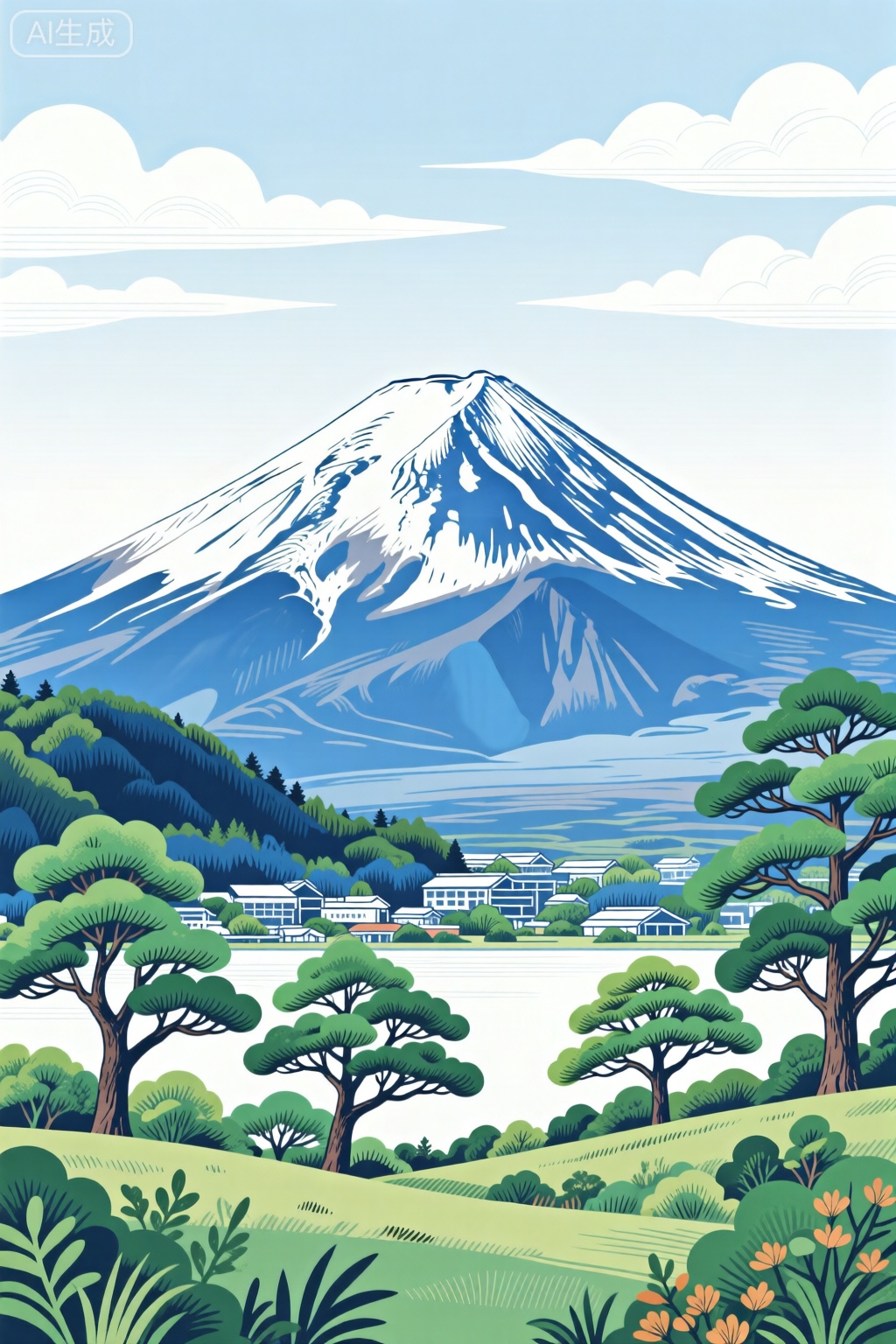 平面插画,富士山风光,树木,远处有山,构图平衡和谐,捕捉了大自然宁静的精髓,