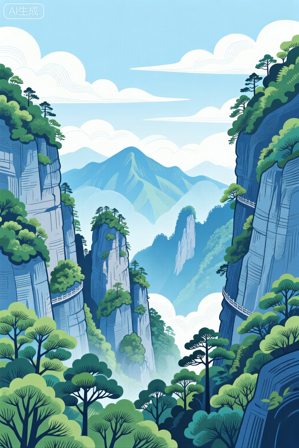 平面插画,天门山风景,树木,远处有山,构图平衡和谐,捕捉了大自然宁静的精髓,